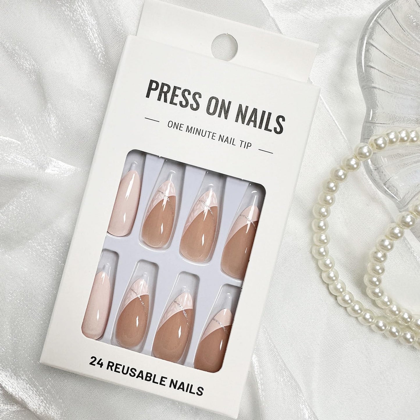 Alomnd Press on Nails Short Fake Nails Almond False Nails Press ons with Designs White Glitter Swirl Glue on Nails Cute Acrylic Nails Glossy Full Cover Artificial Stick on Nails for Women Manicure