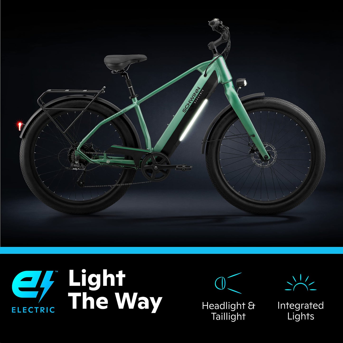 Schwinn Coston DX Hybrid Electric Bike for Adults, 20MPH eBike, Up to 45 miles on a Single Charge, 27.5-Inch Wheels, 7-Speed, Small/Medium Step-Over Frame, Matte Green