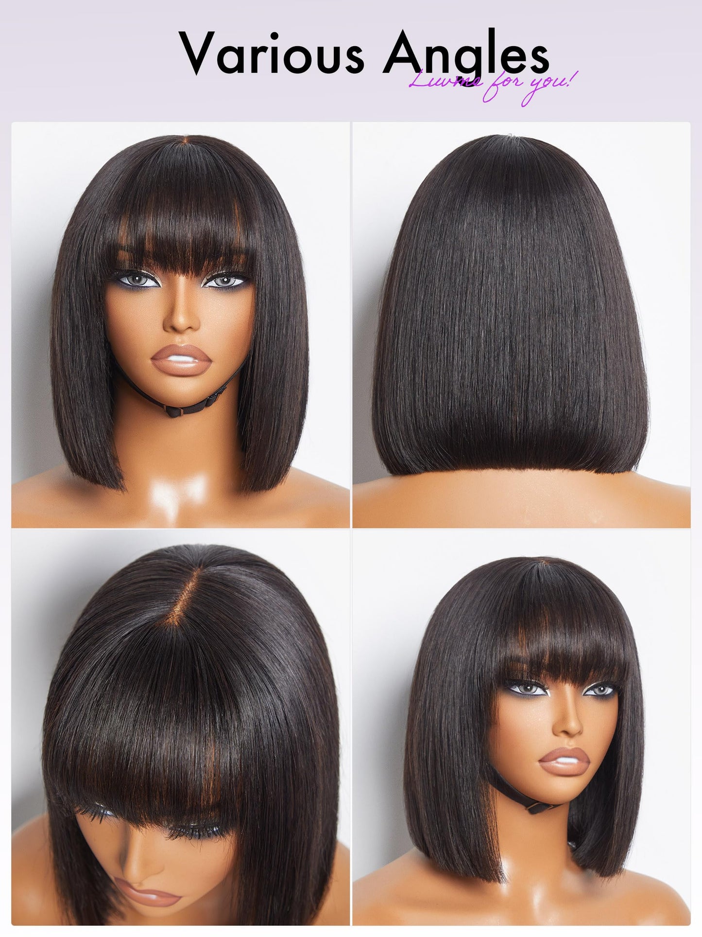 LUVME HAIR 10 Inch Silky Straight Bob Wig with Bangs Human Hair Realistic HD Lace Short Black Bob Wigs, Ready to Go Blunt Cut Bob Wig Glueless 180 Density