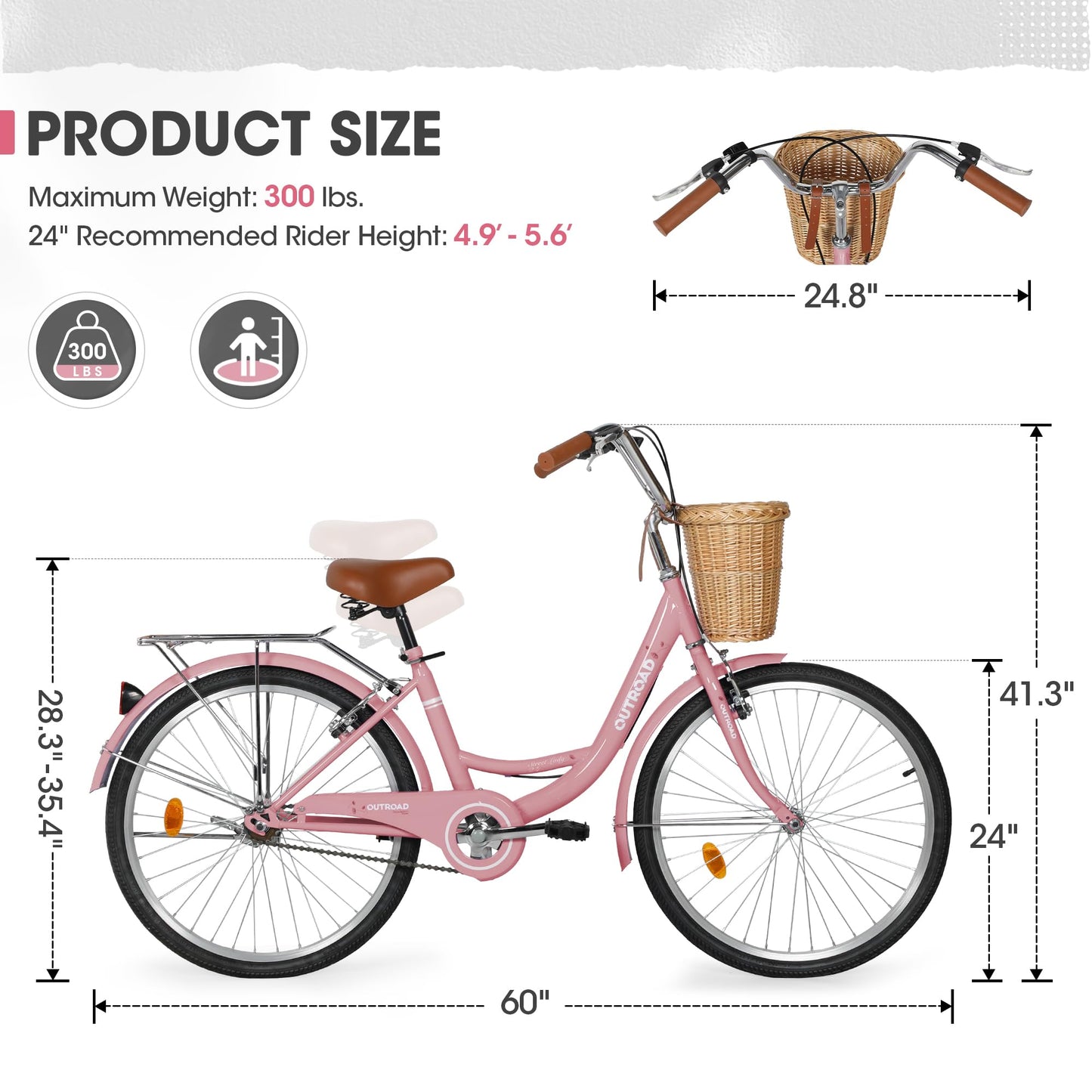 Outroad Beach Cruiser Bike, 24 inch Commuter Bicycle for Adult Men and Women,High-Carbon Steel Comfortable City Bikes with Rear Rack or Basket,Pink