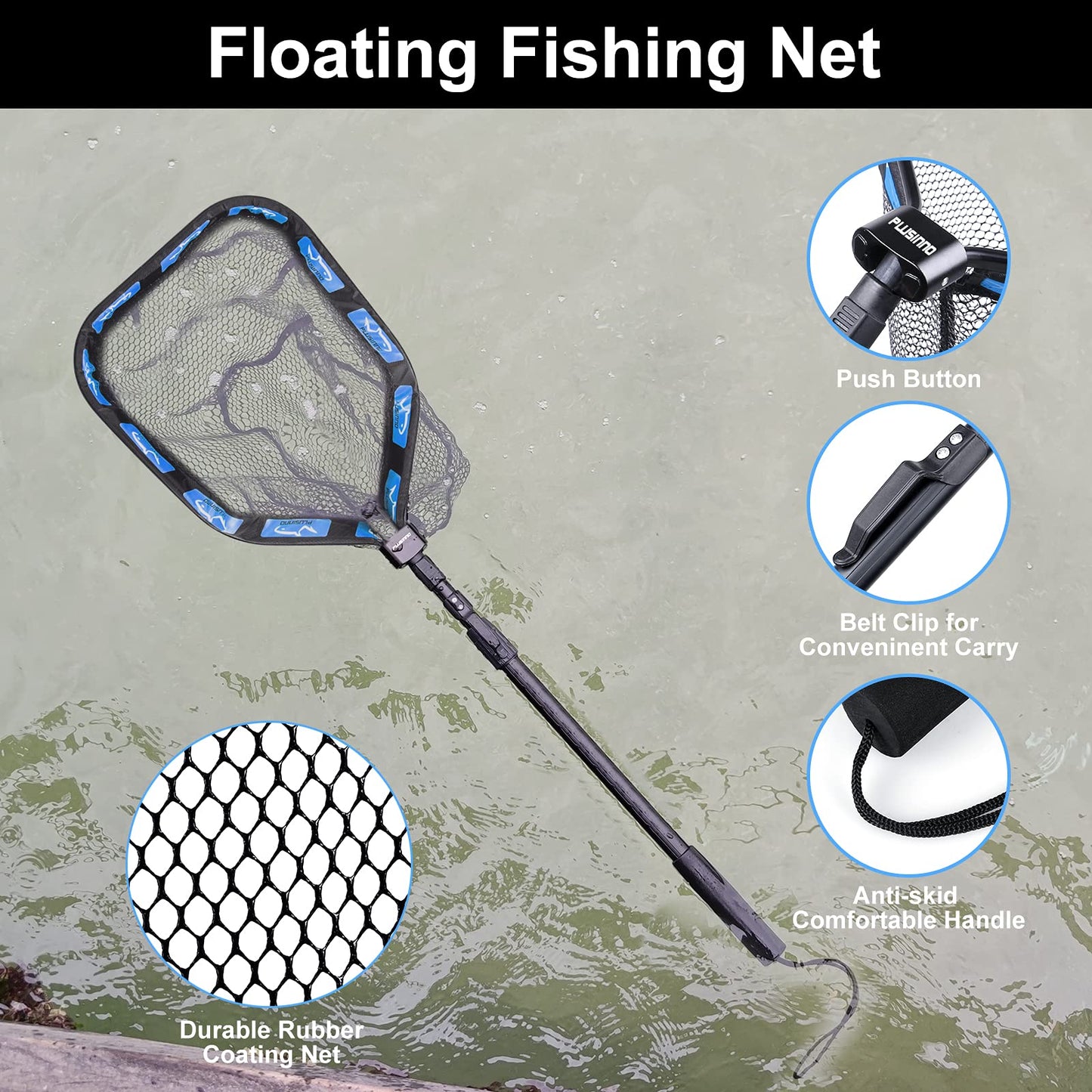 PLUSINNO Floating Fishing Net for Steelhead, Salmon, Fly, Kayak, Catfish, Bass, Trout Fishing, Rubber Coated Landing Net for Easy (19.7"/50cm Hoop Size Length 1.35M Blue (Telescopic Pole))