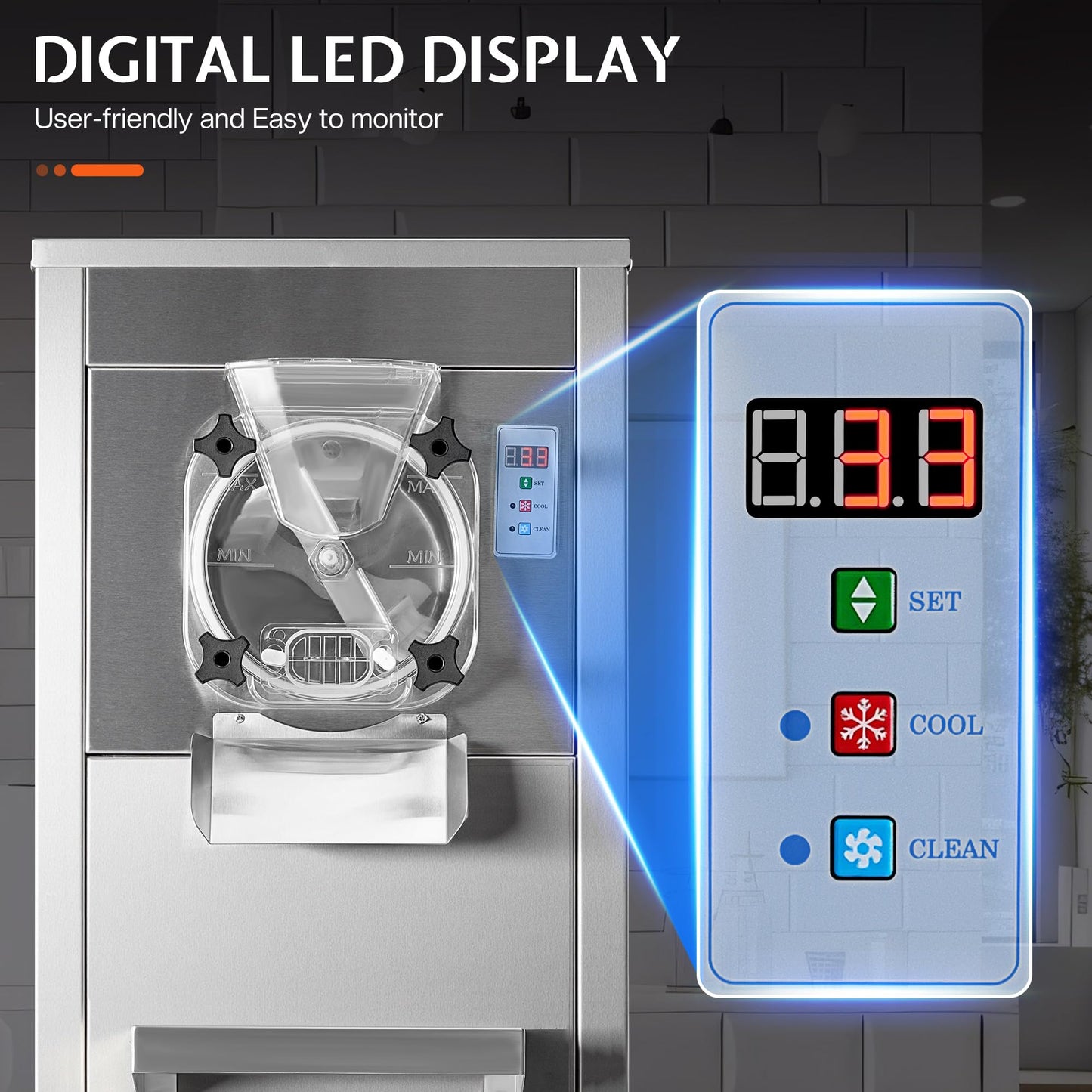 Jocisland 20L/H Commercial Hard Ice Cream Machine, 1600W Ice Cream Maker with 10L 304 Stainless Steel Cylinder, LED Panel, Auto Clean & Pre-Cooling for Restaurants & Snack Bars