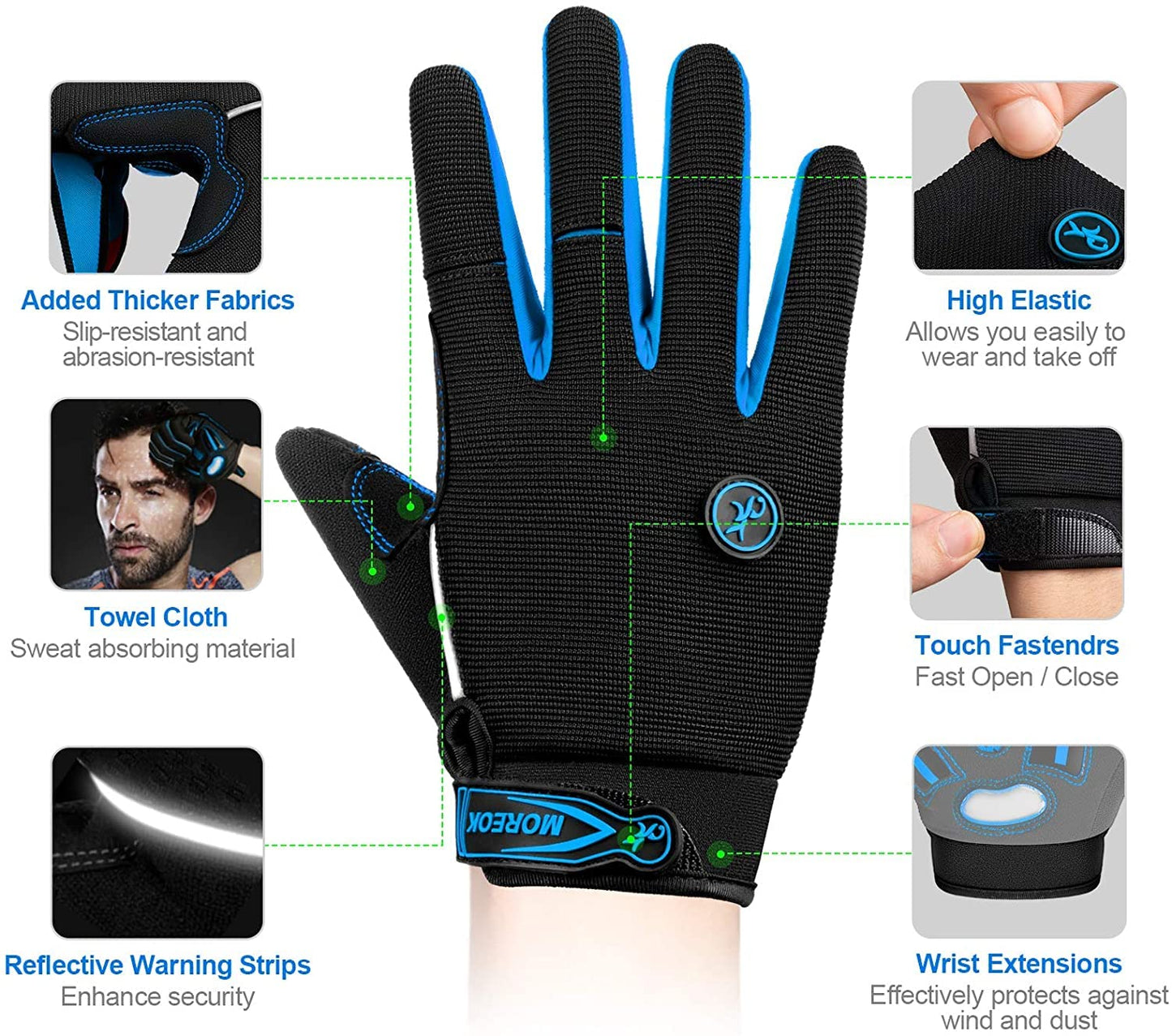 BIKINGMOREOK Cycling Gloves Bike Gloves Biking Gloves for Men Women,Touchscreen Full Finger Shock-Absorbing Mountain Bike Gloves,5MM Gel Pads MTB Road Bicycle Gloves for Running,Hiking-Blue-S