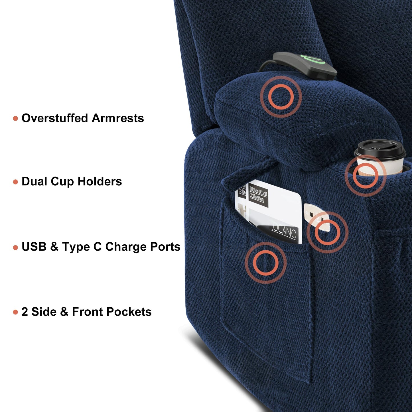 MCombo Zero Gravity Power Recliner Chair with Heat and Vibration Massage, Reclining Chair with USB & Type C Ports, Cup Holders for Living Room, Fabric 8015 (Navy Blue)