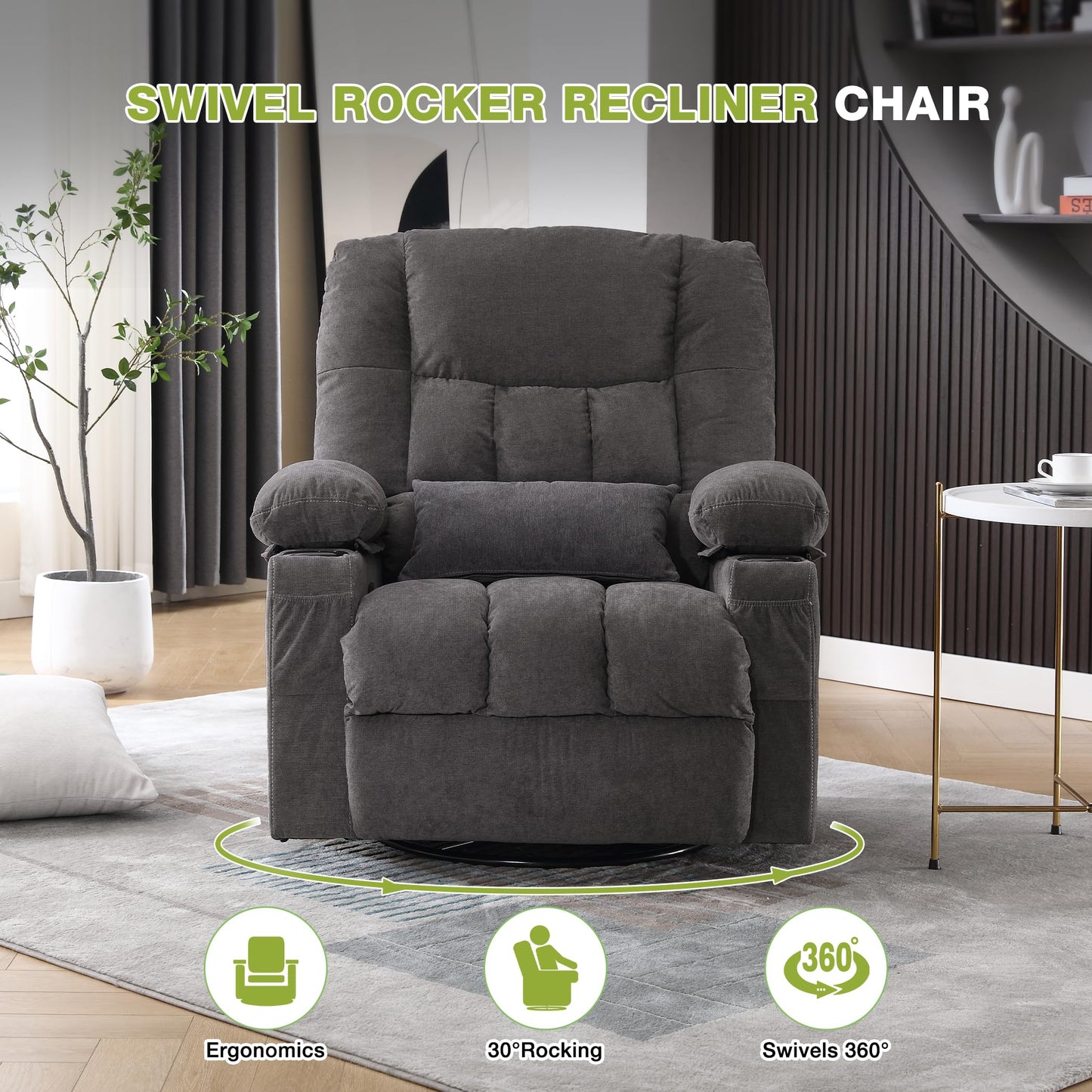Massage Swivel Recliner Chair, Oversized Rocker Recliner with Vibration Massage and Lumbar Heat Ergonomic Rocker Chair for Living Room with Side Pocket, 2 Cup Holders, USB Charge Port