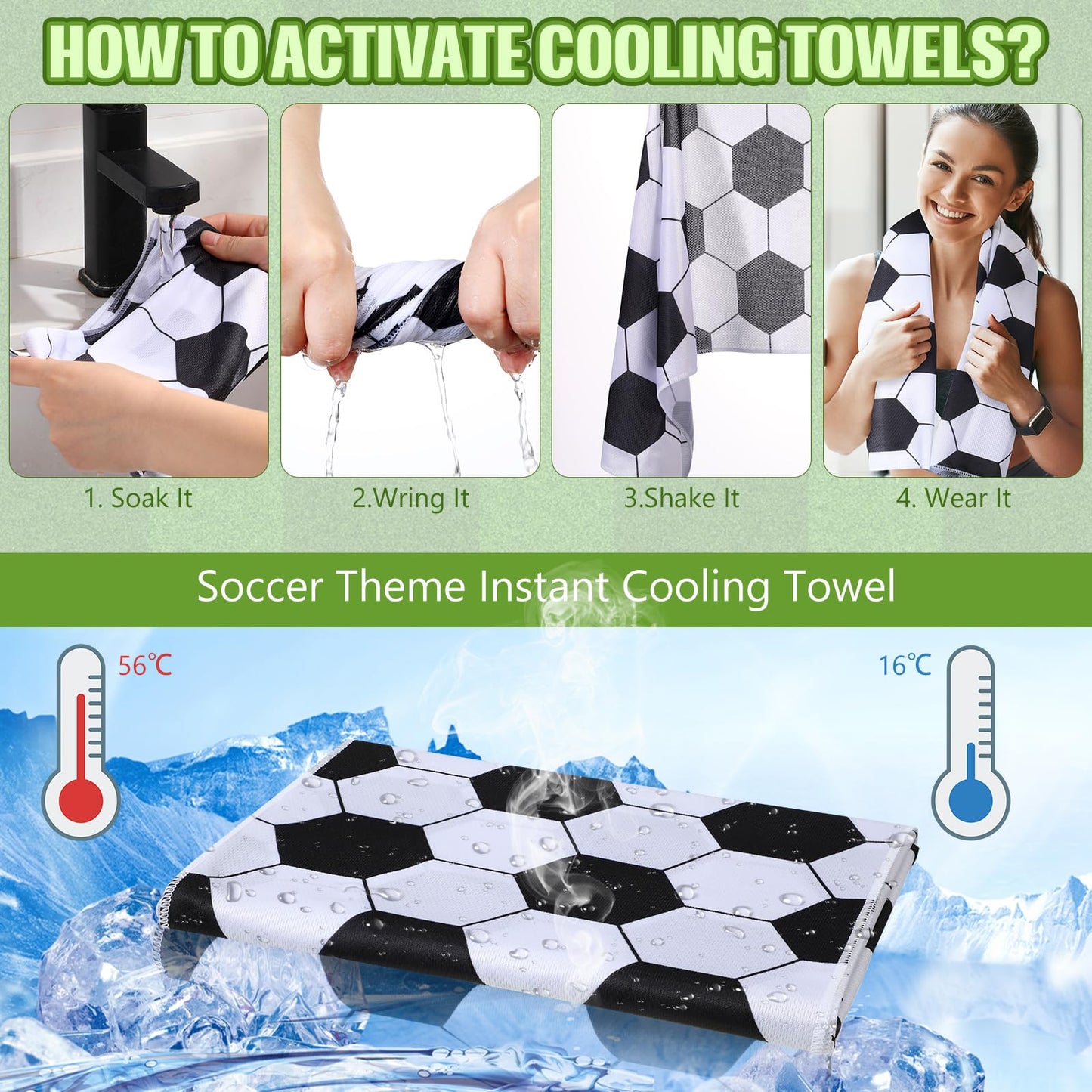 HunnmingRe 24 Pcs Soccer Party Favors Including 12 Pcs 20 oz Plastic Soccer Water Bottles Bulk 12 Pcs 40"x12" Soccer Cooling Towels Breathable Towel for Soccer Team Gift