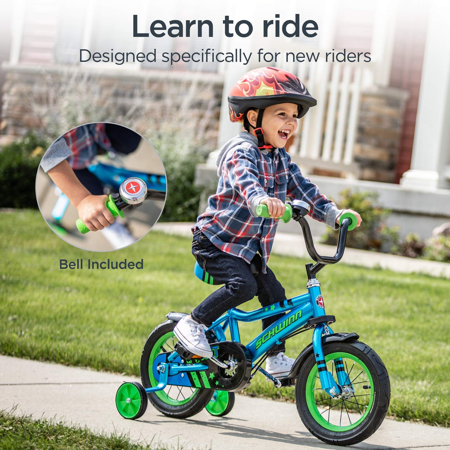 Schwinn Grit Push Steer and Ride Kids Bike, Boys Beginner Bicycle, 12-Inch Wheels, with Training Wheels, Parent Push Handle, Water Bottle and Holder, Orange/Black