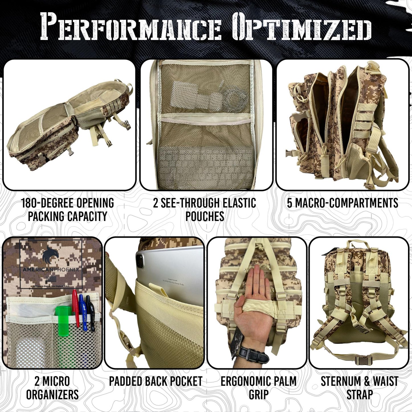 AMERICANPHOENIX 45L Elite Tactical Backpack | 3X Stronger Work & Military Backpack | Water Resistant and Heavy Duty | 3 Day MOLLE Bug Out Bag (Sand Storm)