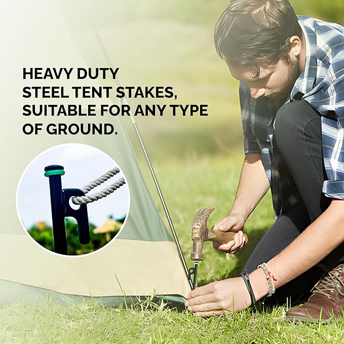 Pack 8 Tent Stakes Heavy Duty Metal, 12-inch Camping Stakes - Unbreakable Tent Pegs with Glow Ring for Enhanced Visibility, Durable Ground Stakes for Outdoor Adventures