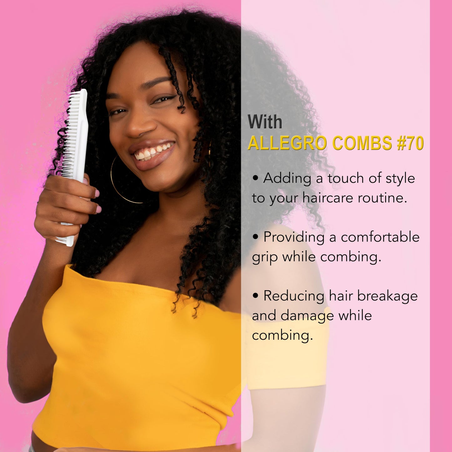 Allegro Combs #70 3-Row Detangling Comb, White - Curly Hair Stylists Curl Defining Comb Made In The USA, Perfect for Women Curly Hair, 1 Piece, Stainless Steel