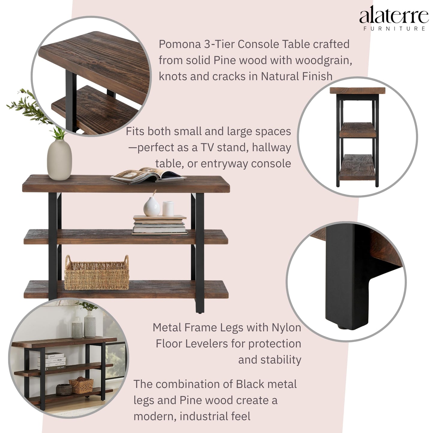 Alaterre Furniture Pomona 48" Solid Pine Wood Media Console Table with 2 Open Shelves and Metal Legs - 3-Tier Storage Display and Rustic Industrial Accent Furniture in Natural Finish