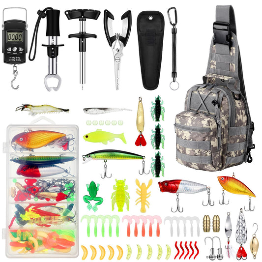 Sosation 134 Pcs Fishing Tool Kit Fishing Pliers Kit Fishing Gear and Equipment Include Fish Hook Remover, Fishing Lures, Lip Gripper, Fish Weigh Scale(Digital Pattern)