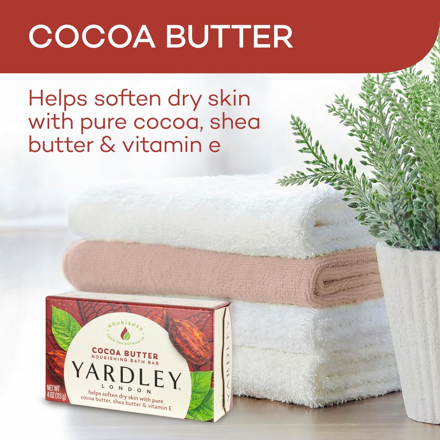 Yardley London Nourishing Bath Soap Bar Cocoa Butter, Helps Soften Dry Skin with Pure Cocoa Butter, Shea Butter & Vitamin E, 4.0 oz Bath Bar, 1 Soap Bar (Pack of 3)
