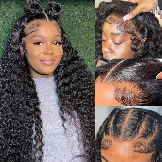 BAFUWIG Curly Human Hair Wig Deep Wave Lace Front Wigs Human Hair Wig 13x6 180% Density 20 Inch HD Lace Front Wigs Pre Plucked with Baby Hair Natural Black Wig For Women