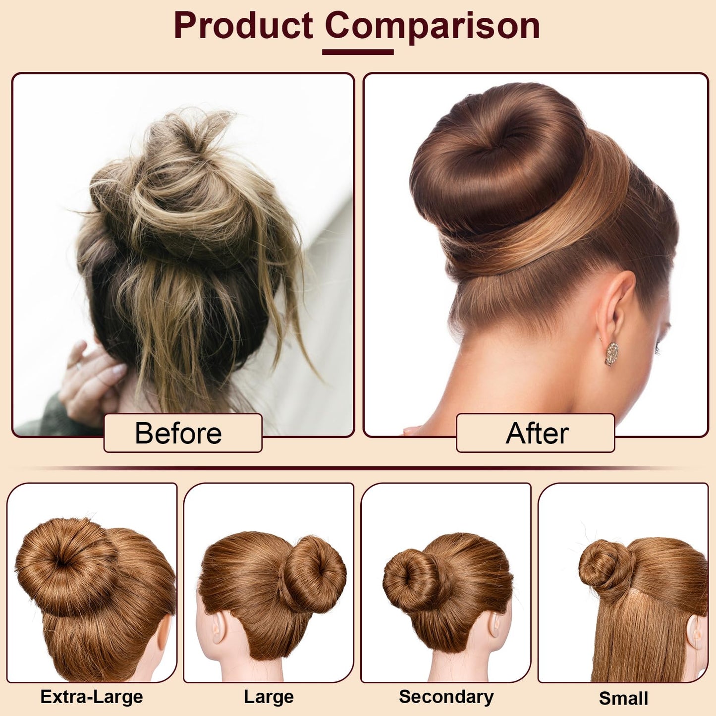 Amrules Donut Hair Bun Maker Set, 8 Pieces with 10 Black Rubber Bands and 20 Bun Bobby Pins for Ladies, Brown