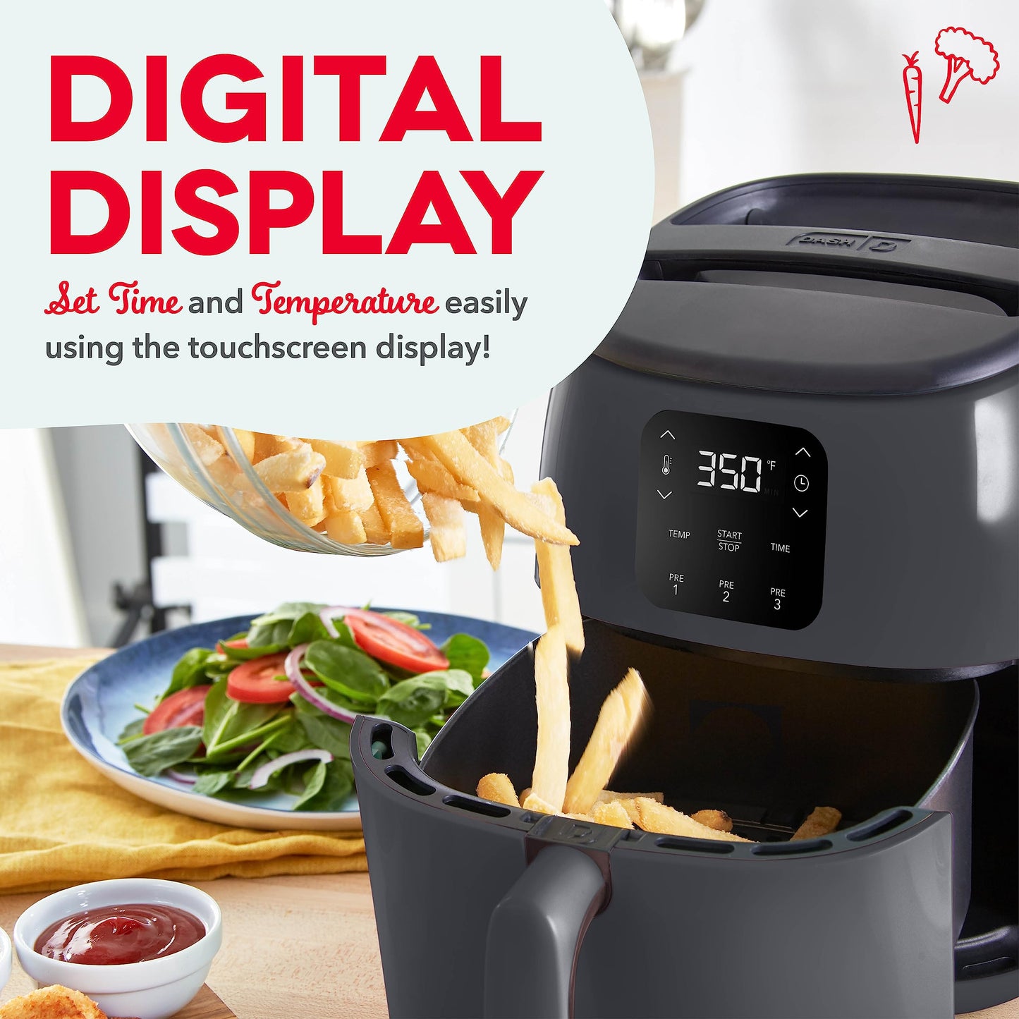 DASH Tasti-Crisp™ Electric Air Fryer Oven, 2.6 Qt., Grey – Compact Air Fryer for Healthier Food in Minutes, Ideal for Small Spaces - Auto Shut Off, Digital, 1000-Watt