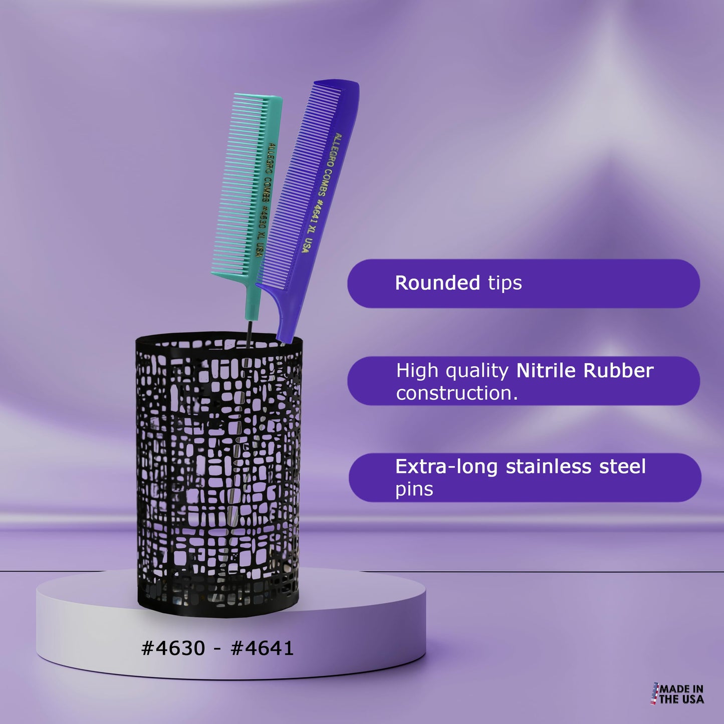 Allegro XL Pintail Rat Tail & Parting Combs - Metal Tail Foiling & Pin Combs (2 Pc., Purple & Mint)