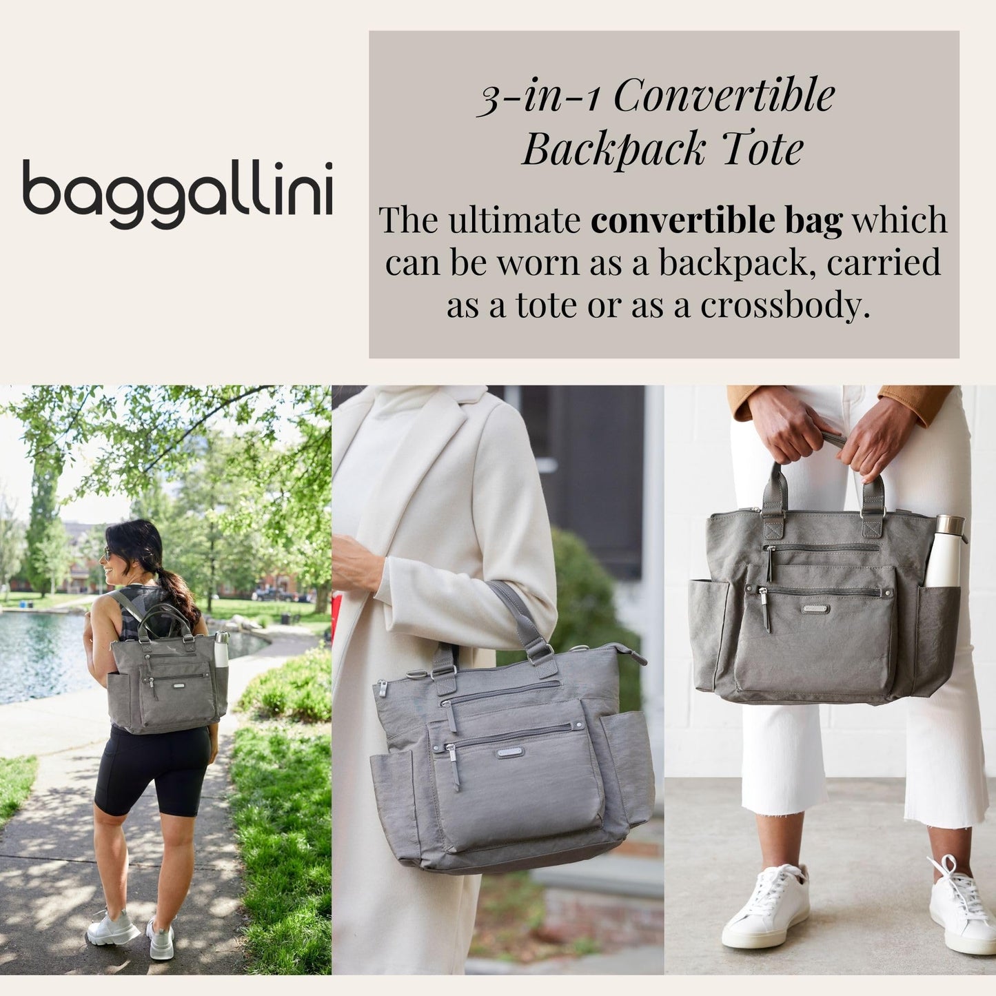 Baggallini Womens 3-in-1 Convertible Backpack, Sterling Shimmer, One Size US