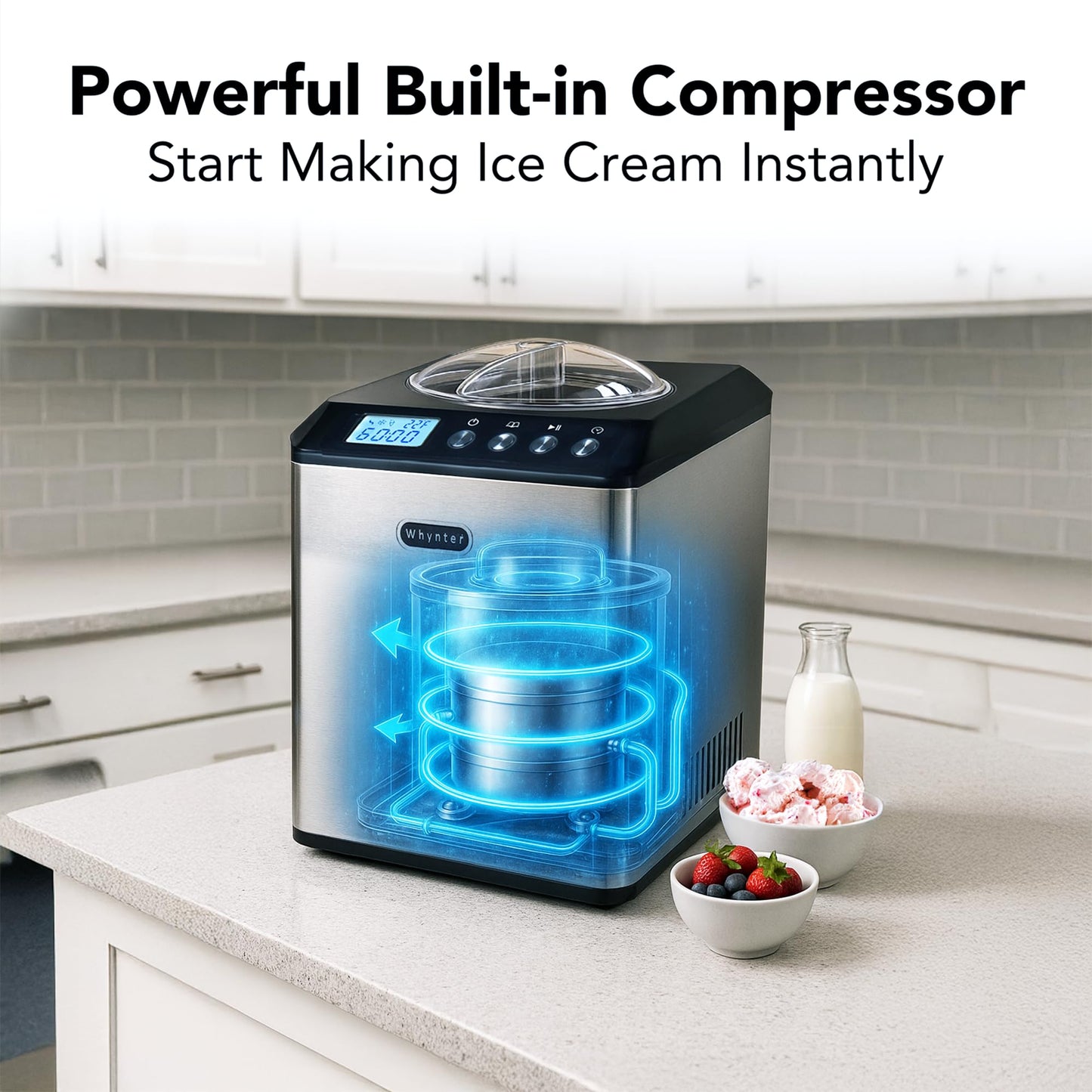 Whynter Ice Cream Maker Machine Automatic 2.1 Qt. Upright with Built-In Compressor, LCD Digital Display & Timer, No Pre-Freezing, ICM-201SB, Stainless Steel