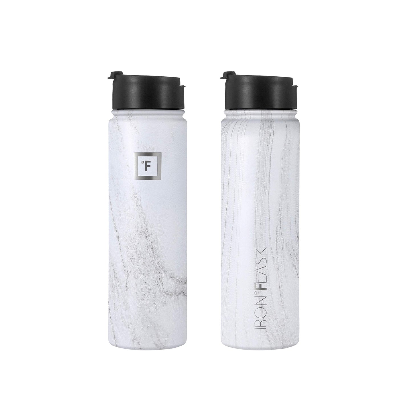 IRON °FLASK Camping & Hiking Hydration Flask, Wide Mouth, 3 Straw Lids, Stainless Steel Outdoor Water Bottle, Double Walled, Insulated Thermos, Metal Canteen - Carrara Marble, 22 Oz
