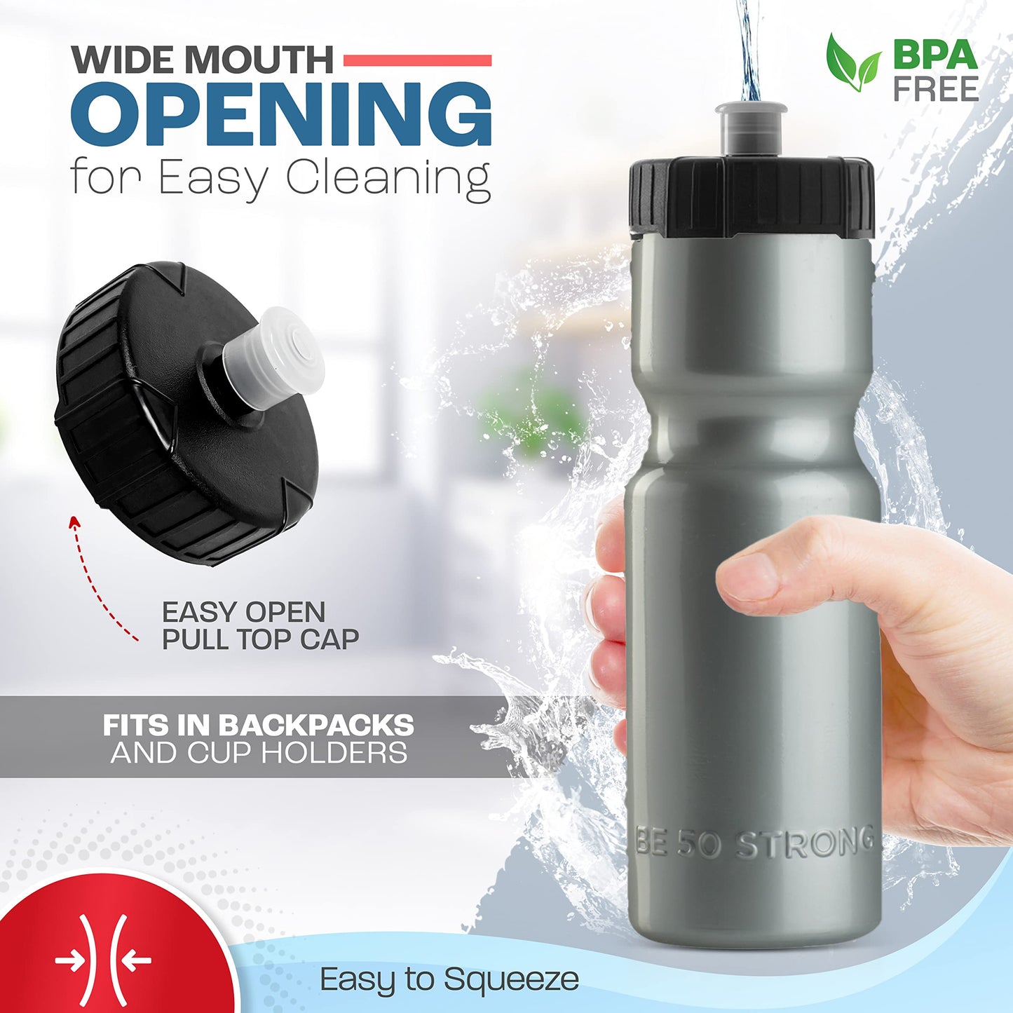 50 Strong Sports Squeeze Water Bottle 2 Pack – 22 oz. BPA Free Easy Open Push/Pull Cap – USA Made (Silver)