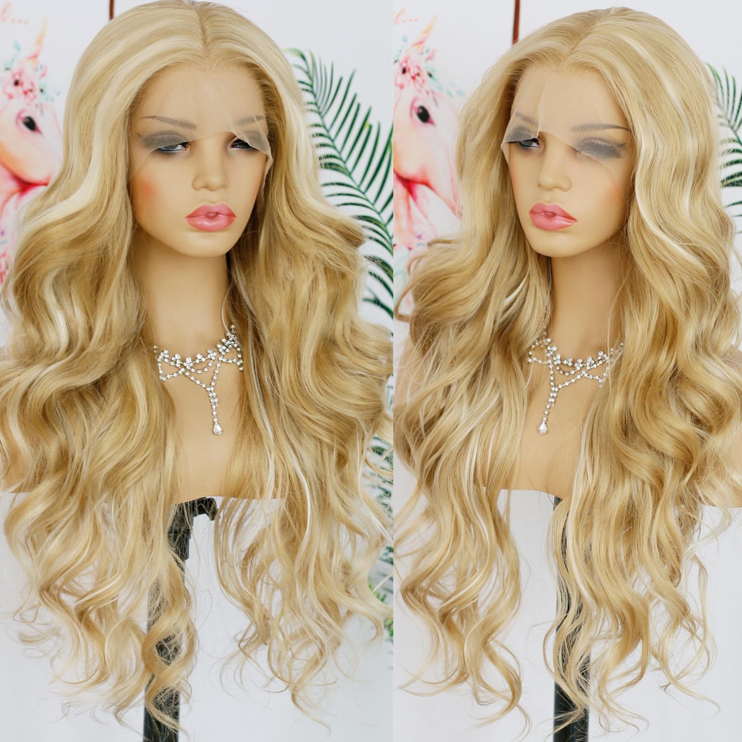 ANDRIA Honey Blonde Highlight Lace Front Wig Loose Wave Wigs with Baby Hair Dirty Blonde Streak Wig Glueless Lace Wigs Long Body Wave Wig Synthetic Heat Resistant Fiber Colorful Wig for Black Women