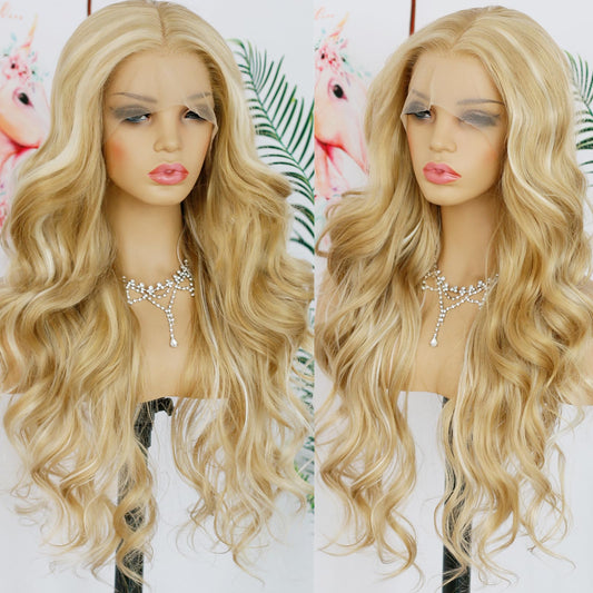ANDRIA Honey Blonde Highlight Lace Front Wig Loose Wave Wigs with Baby Hair Dirty Blonde Streak Wig Glueless Lace Wigs Long Body Wave Wig Synthetic Heat Resistant Fiber Colorful Wig for Black Women