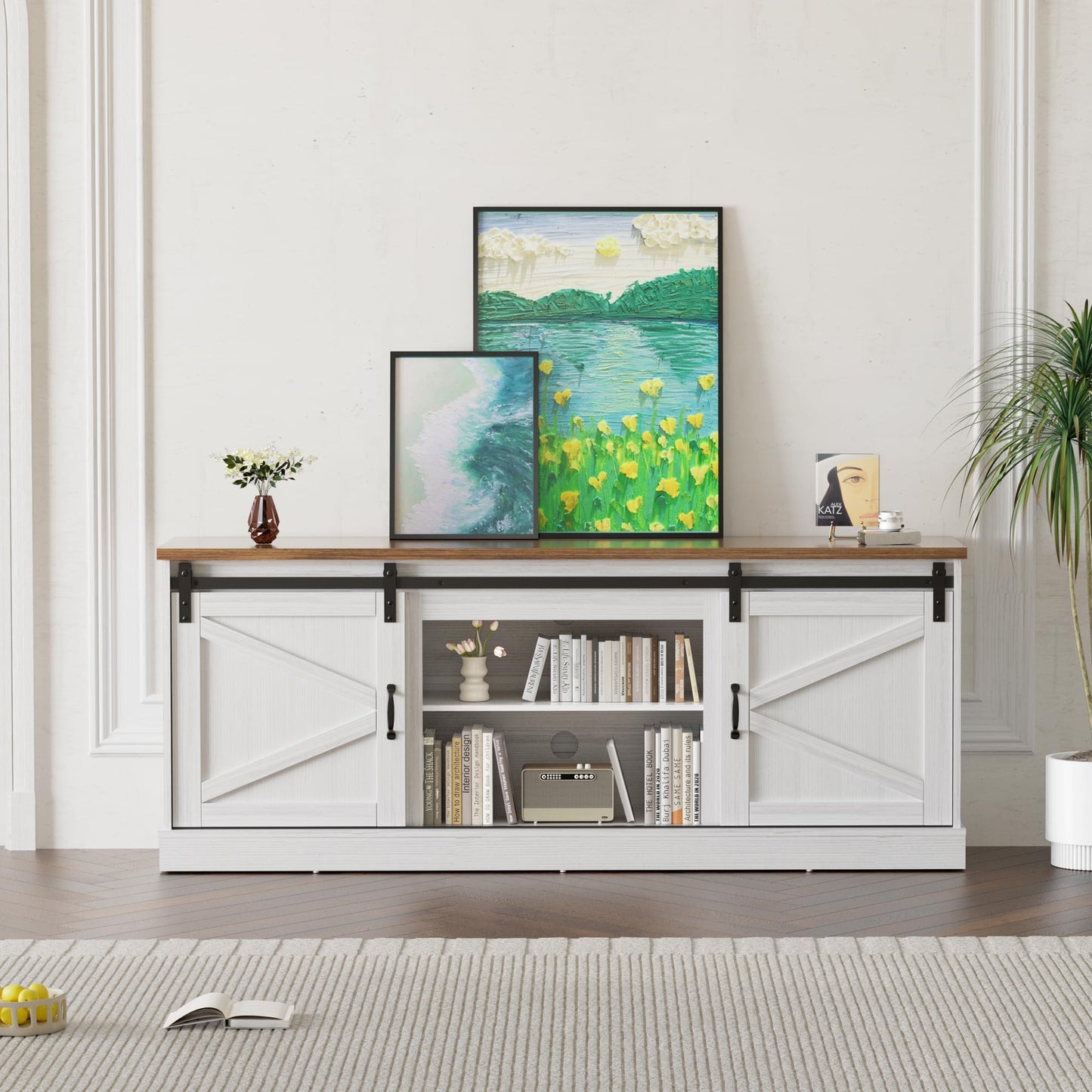 ALAULM Farmhouse TV Stand up to 70/80" TV, Entertainment Center w/Sliding Barn Doors & Storage Cabinets,67" Rustic TV Console with Adjustable Shelf for Living Room,White