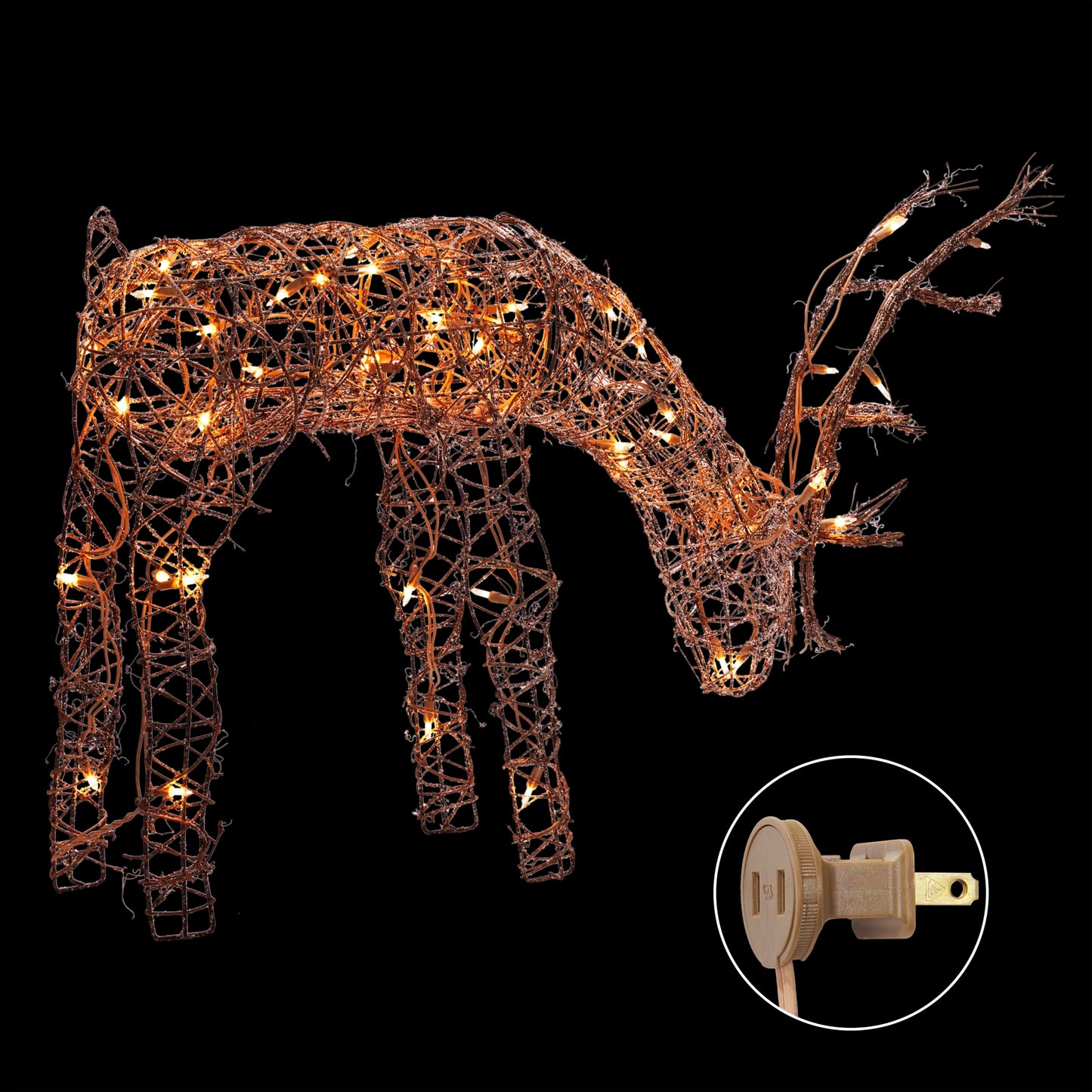 Alpine Corporation 24"H Outdoor Rattan Grazing Reindeer Lawn Decoration with White Lights , Christmas Decoration