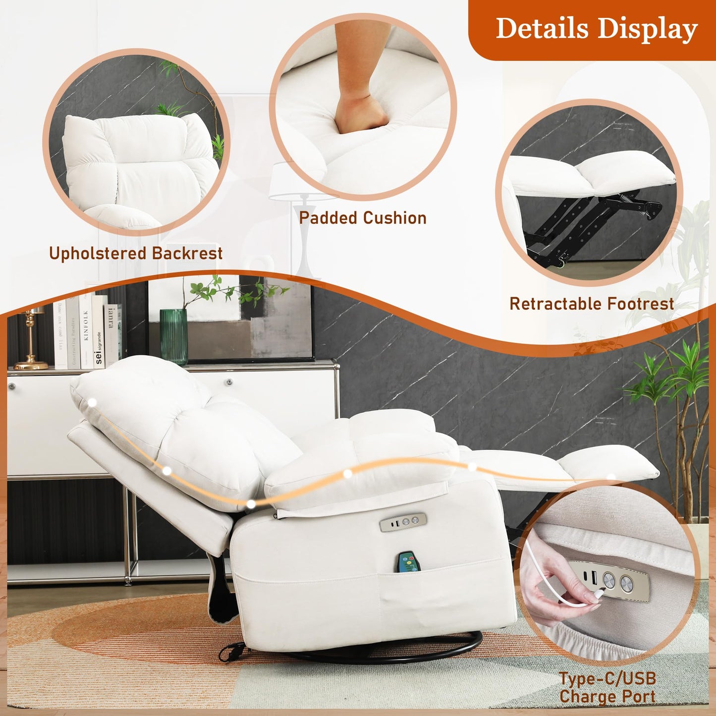 DYHOME Recliner Chair for Adults, Swivel Massage Rocking Recliner Chairs with Heated, USB & USB-C Ports, Modern Single Lounge Power Sofa for Living Room, Bedroom, White