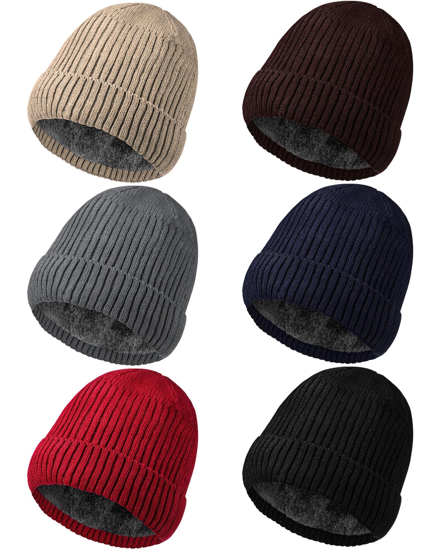 Suhine 6 Pcs Winter Fleece Beanies Hats Bulk Soft Warm Knitted Cuffed Beanie Lined Knit Hat for Cold Weather Women Men(Dark Color)