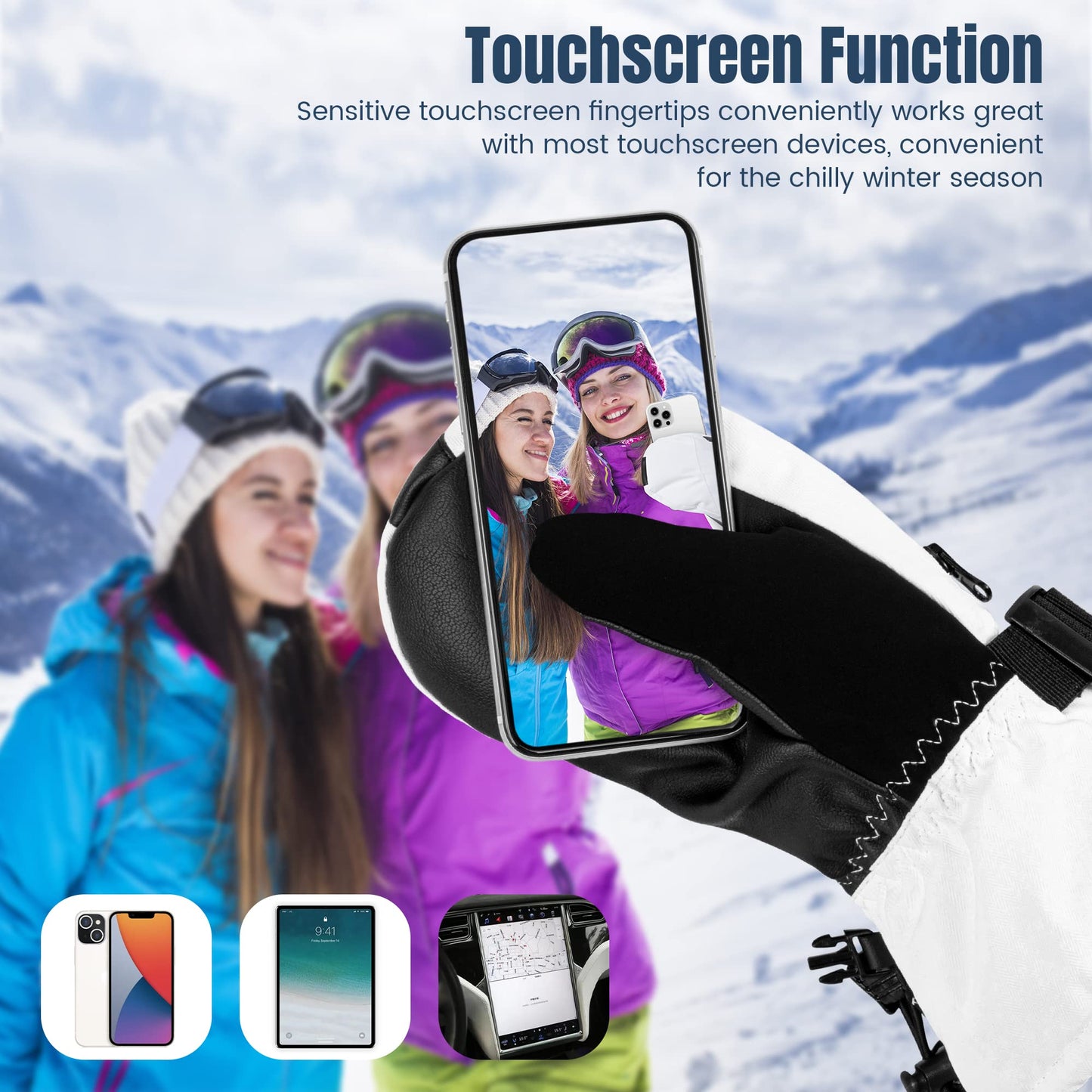 ANDORRA Ski Gloves Women Winter White Ski Mittens Women Waterproof Skiing Mittens for Women Touchscreen Zipper Pocket Womens Snow Gloves, White,M