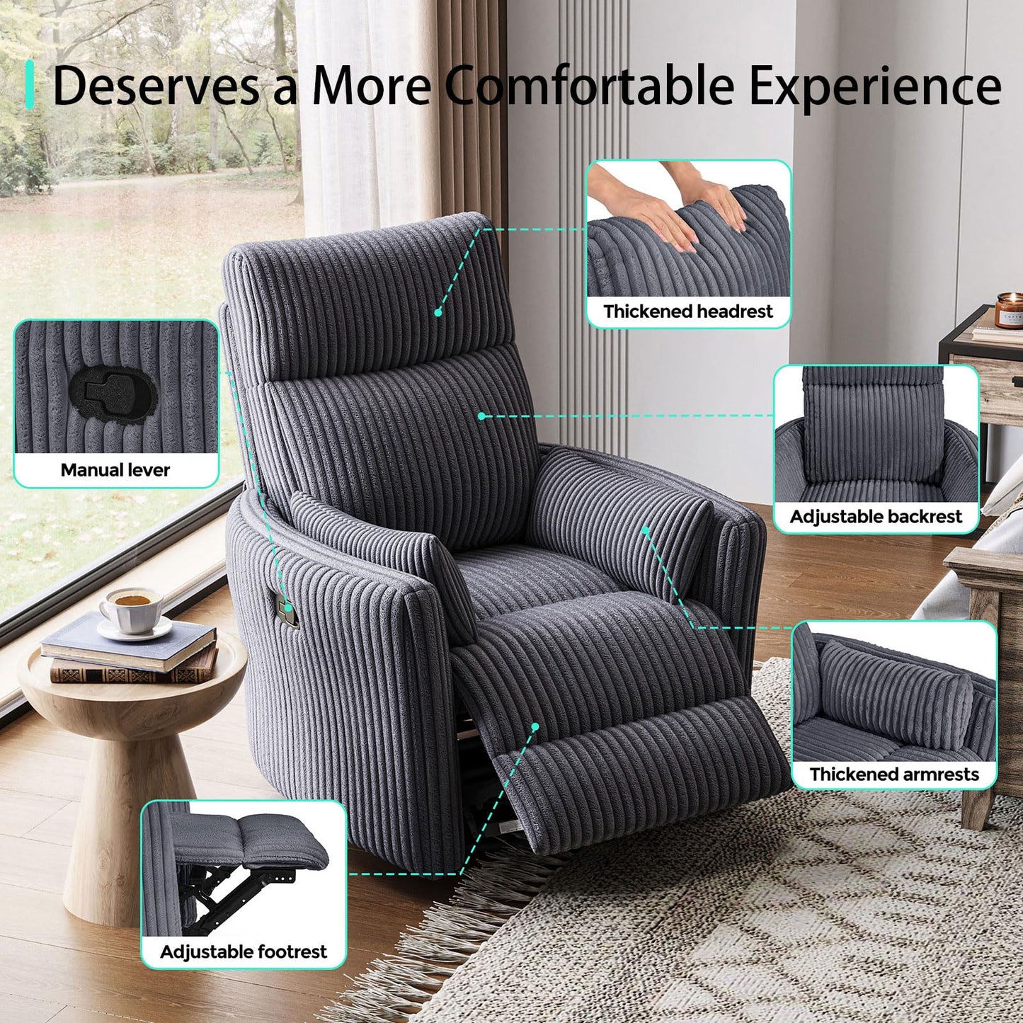 LINSY 360 Swivel Rocker Recliner - Corduroy Nursery Glider Rocking Chair with 2 Pillows, Comfy High Back Adult Recliner for Small Spaces, Nursery Bedroom Living Room Reclining Chairs (Grey)