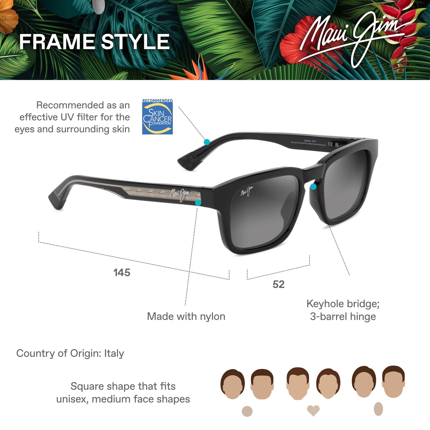 Maui Jim Maluhia Square Sunglasses, Shiny Black W/Trans Light Grey/Neutral Grey Polarized, Medium