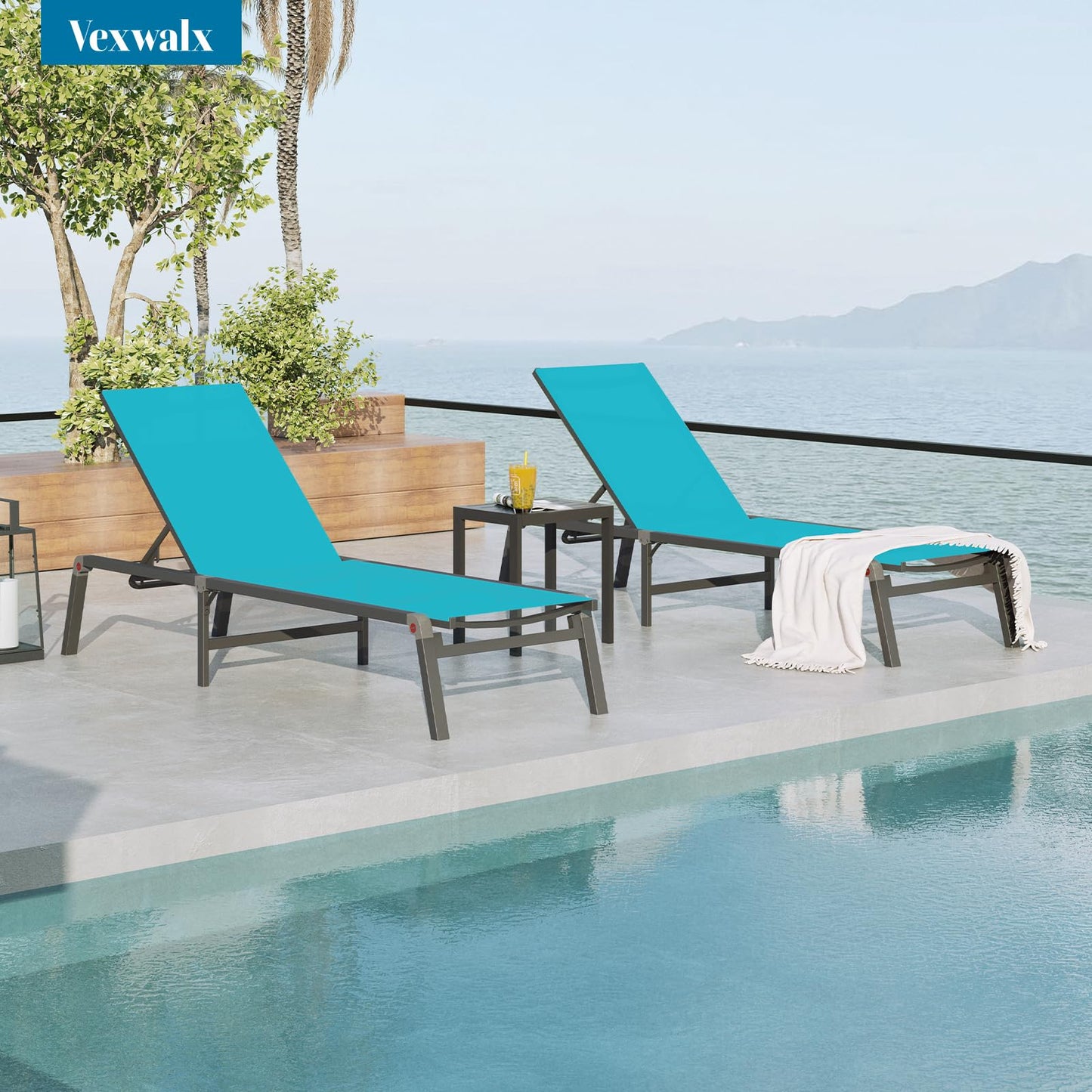 Vexwalx Pool Lounge Chairs Set of 2, Foldable Aluminum Chaise Lounge Outdoor with 5 Positions Recliner - Free Assembly - Patio Chaise Lounge Chair for Poolside, Beach, Yard (Lakeblue, 2 Pack)