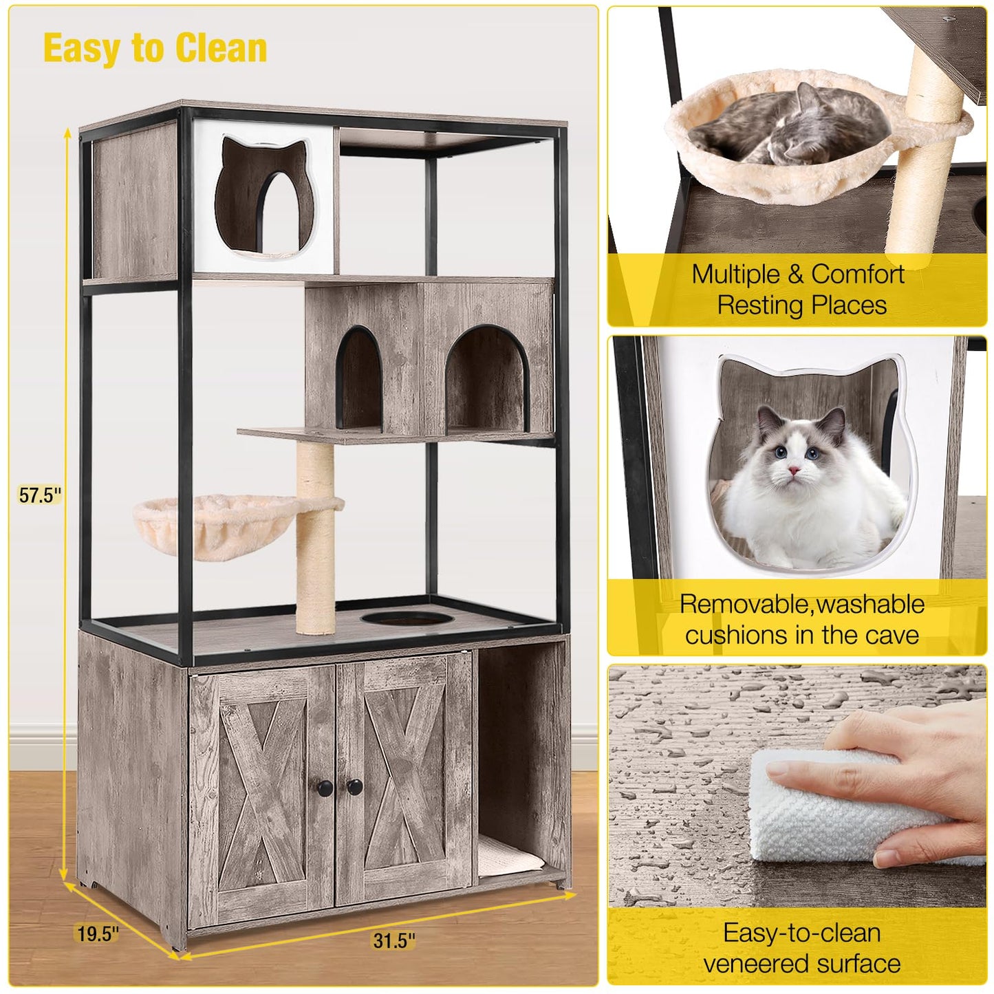 Aivituvin Cat Litter Box Enclosure, Litter Box Furniture Hidden, Wooden Cat Washroom Furniture, Indoor Cats House with Condo, Hammock, Scratching Mat and Storage Shelves-Greige
