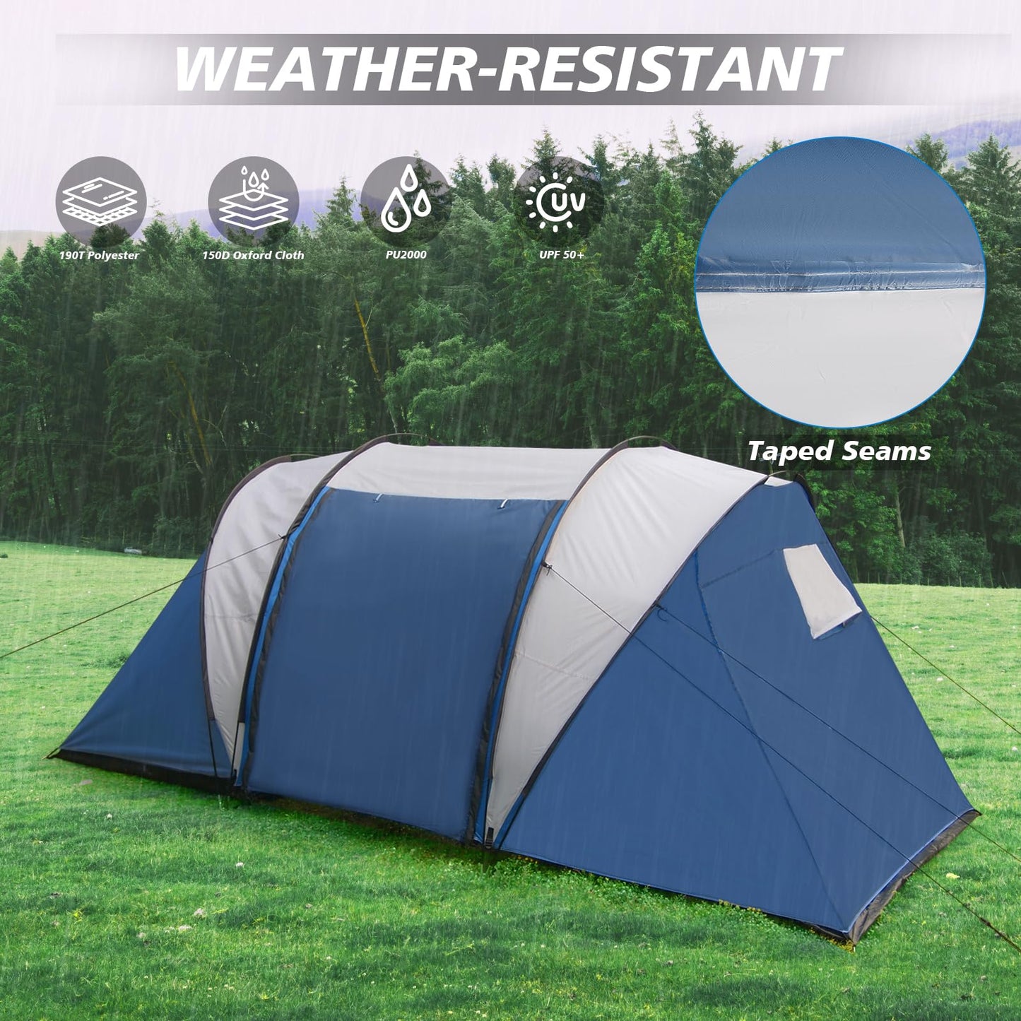 Thinlute 2-4 Person Family Camping Tent with Porch, Weatherproof Camping Shelter with Rainfly, 2 Room Easy Set Up Family Tent with Living Area for Outdoor, Backyard, Hiking