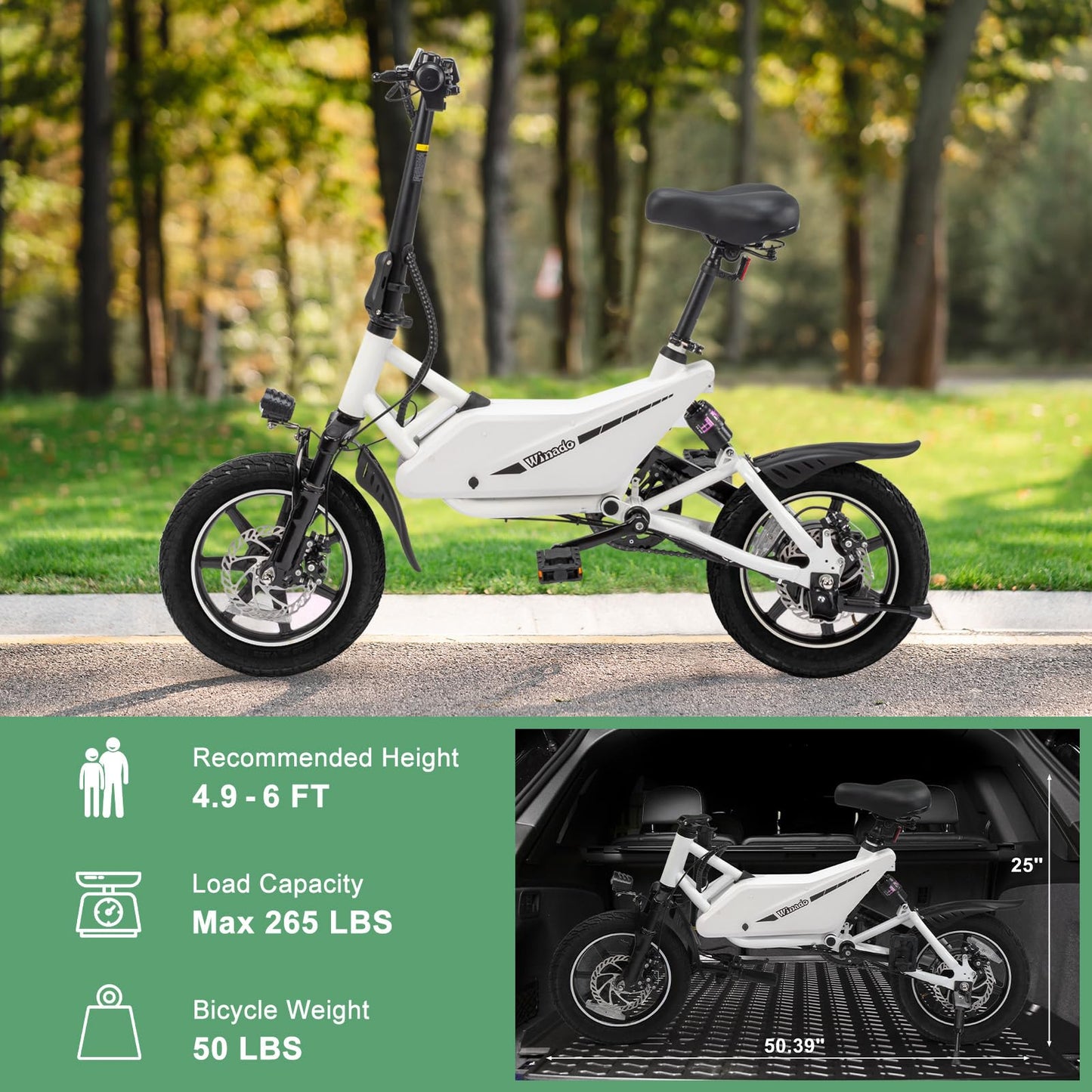 Winado 14" Electric Bike for Adults, Folding Electric Bicycle 350W Motor with Dual Shock Absorber, Dual Disc Brakes, Max Range 20Miles, Foldable Commuter City Ebike for Adults/Teens, White