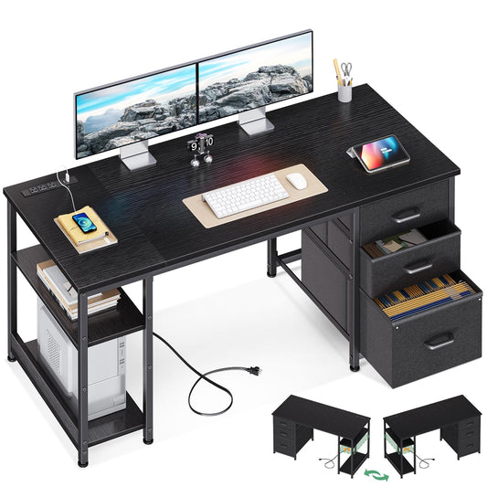 AODK 51 Inch Computer Desk with Fabric Drawers & USB Power Outlets, Reversible Home Office Desk with Storage Shelves, Work from Home, Modern Work/Writing/Study Table for Bedroom, Black