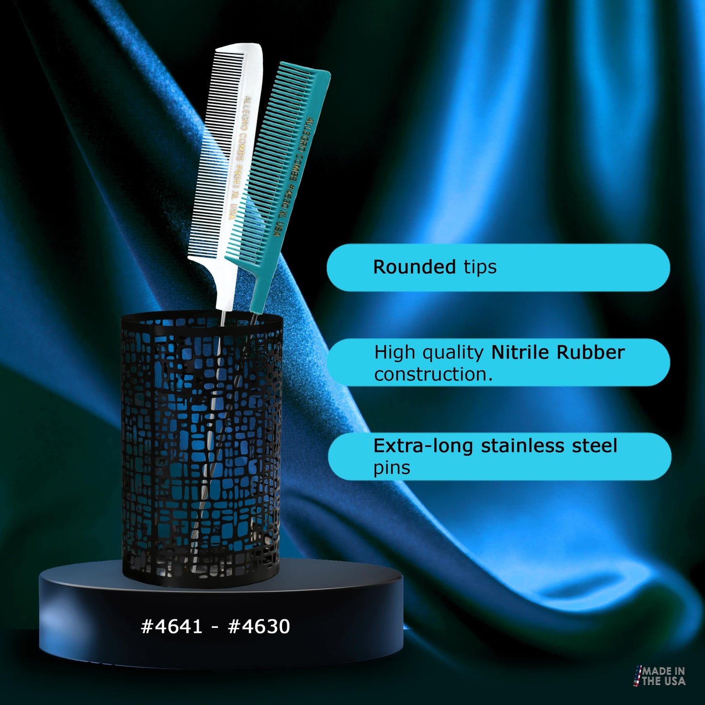 Allegro XL Pintail Rat Tail & Parting Combs - Metal Tail Foiling & Pin Combs (2 Pc. AQUA & WHITE)