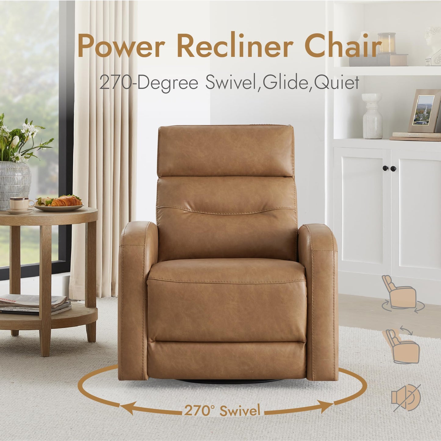 Watson & Whitely Swivel Power Recliner Glider Rocker, Small Recliner Chairs for Living Room, Faux Leather in Camel