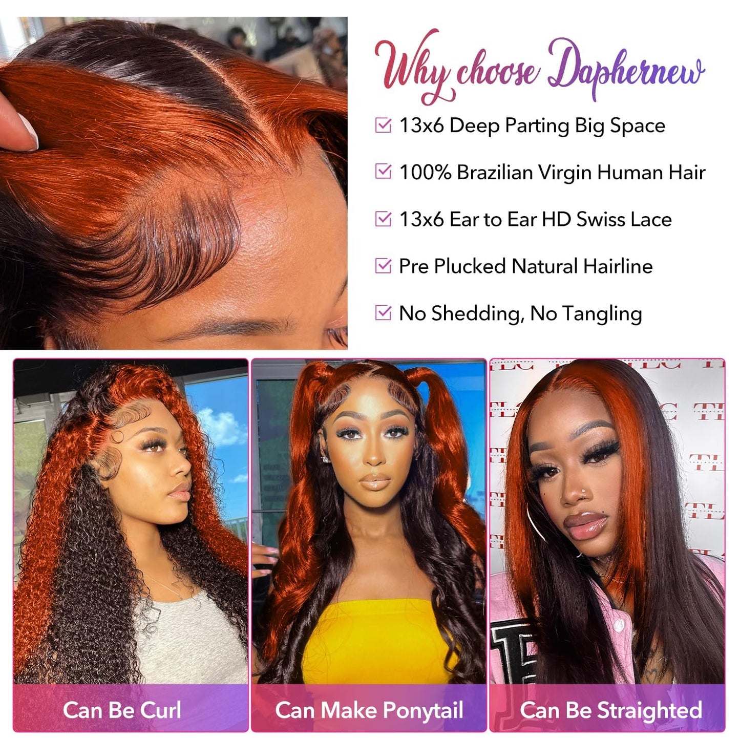 Daphernew 200% Density 13X6 Ginger Lace Front Wigs Human Hair Pre Plucked for Women Ombre 13X6 HD Transparent Ginger Orange wig Glueless Hightlight Lace Front Wigs Human Hair with Baby Hair 34Inch