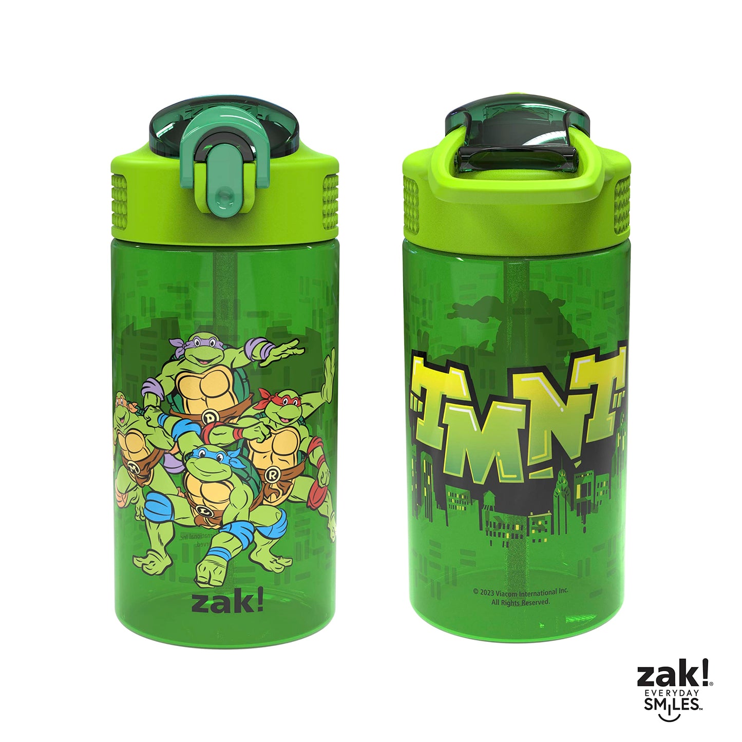 Zak Designs Teenage Mutant Ninja Turtles Kids Water Bottle For School or Travel, 16oz 2 Count (Pack of 1) Durable Plastic Water Bottle With Straw, Handle, and Leak-Proof, Pop-Up Spout Cover (TMNT)