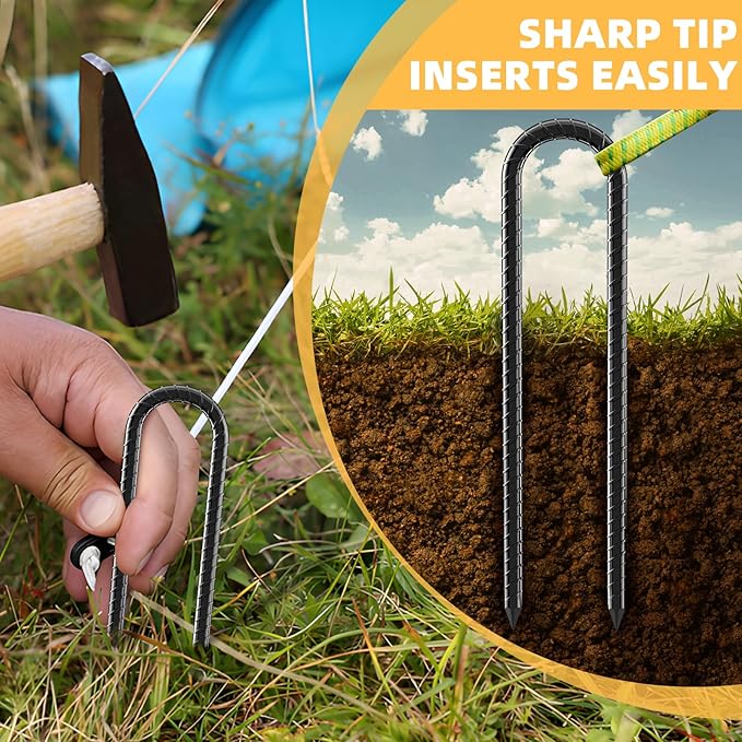 12inch Rebar Stakes, 4 Pack U Hook Ground Anchors, Heavy Duty Rust Proof Coated Steel Ground Stakes Ground Anchors, Garden Stake Metal Stakes Tent Stakes Trampoline Anchors Trampoline (Black)