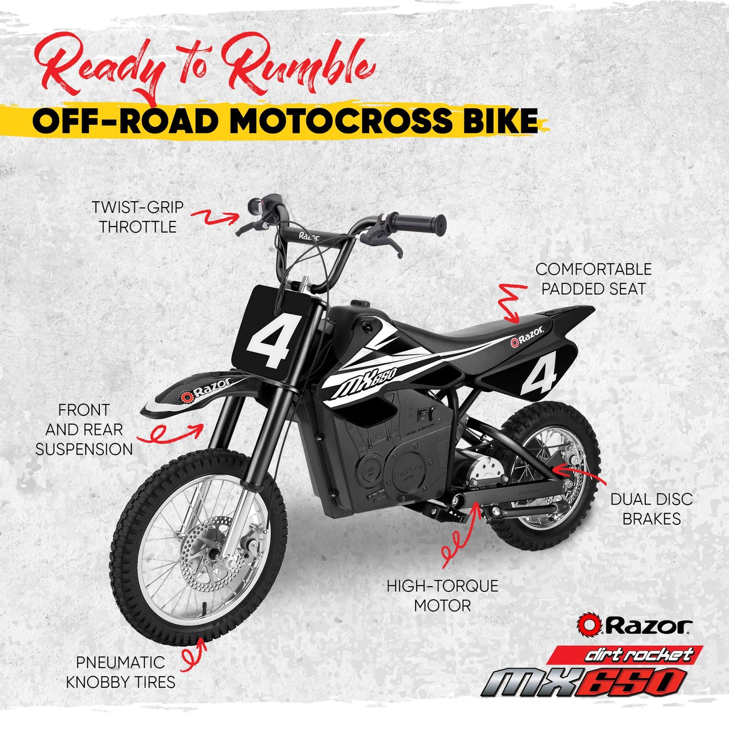 Razor MX650 Dirt Rocket Off-Road Motocross Bike–36V Electric Ride-On, Up to 17 mph, Front & Rear Suspension, Hand-Operated DualBrakes, Twist Grip Throttle, Authentic Motocross Bike Geometry