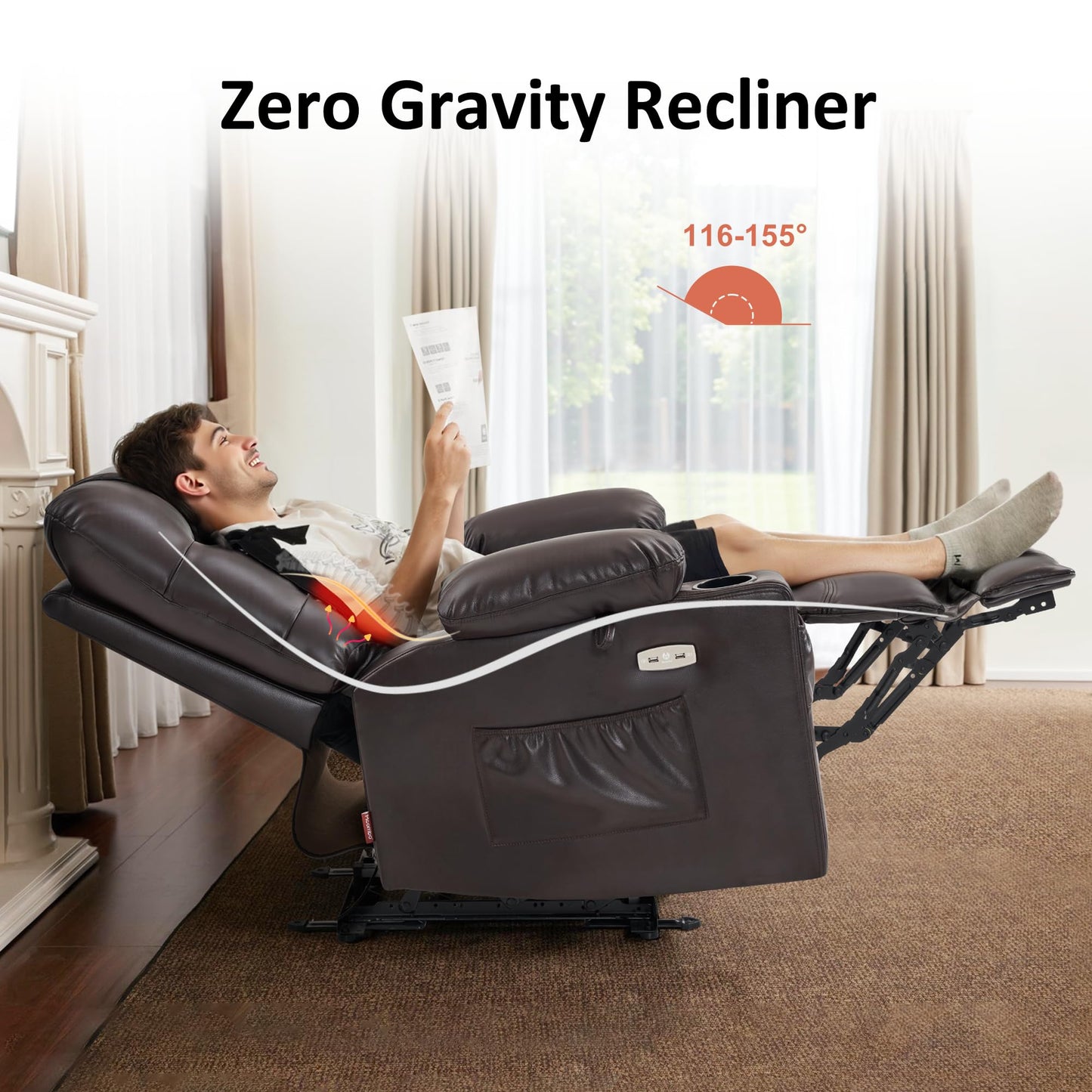 MCombo Zero Gravity Power Recliner Chair with Heat and Vibration Massage, Reclining Chair with USB Ports, Cup Holders for Living Room, Faux Leather PR621 (Brown)
