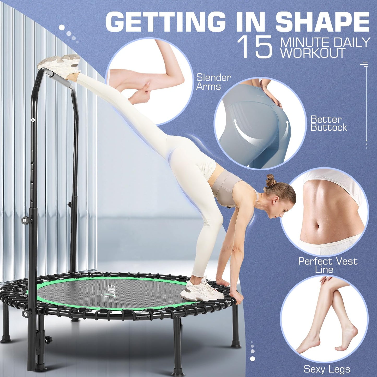 ANCHEER 40" Foldable Mini Trampoline - Max Load 350lbs - 450lbs Indoor Trampoline - with 4 Level Adjustable Foam Handle and Resistance Bands - Adult Exercise Trampoline for Home, Gym and Garden