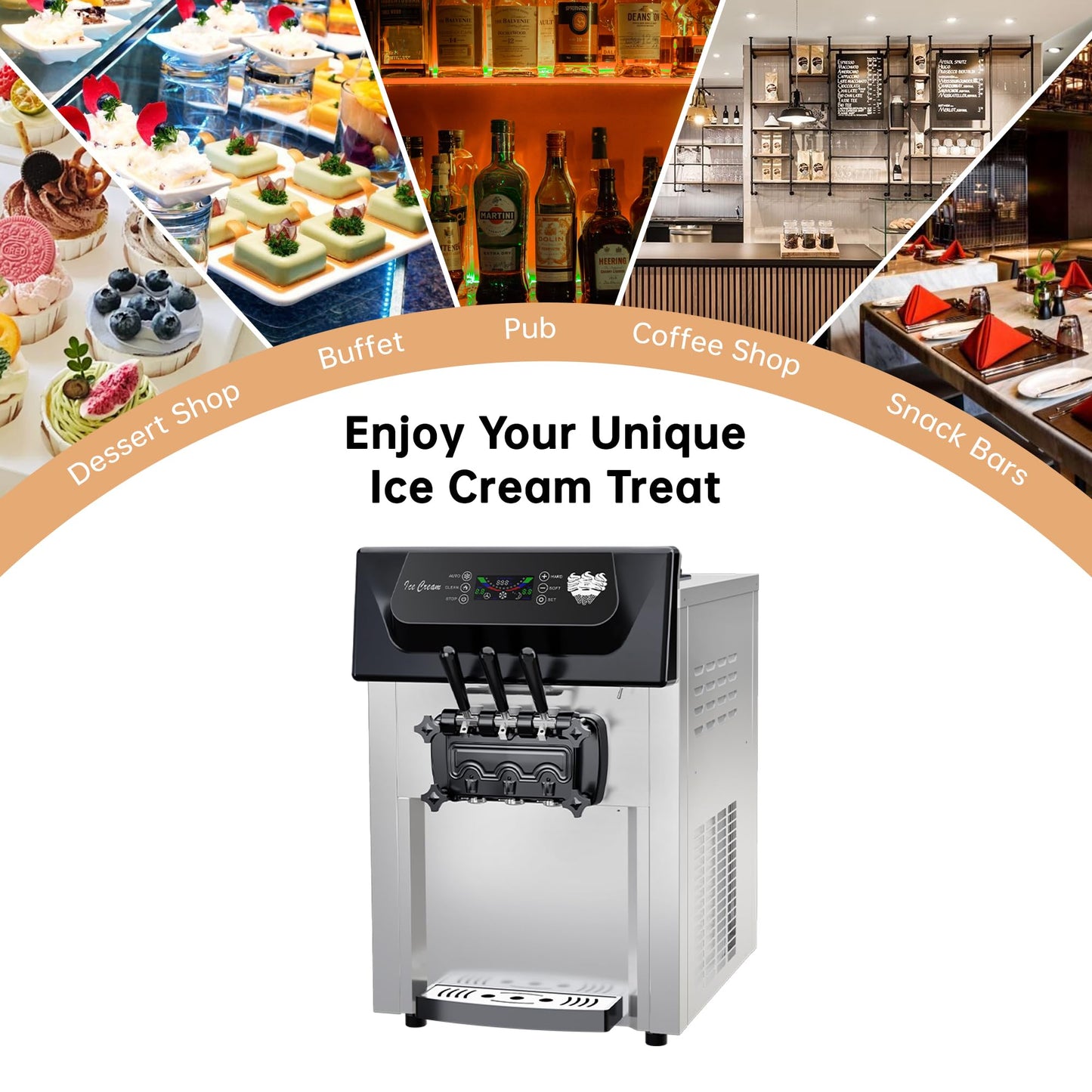 Soft Serve Ice Cream Machine Commercial & Home Use - 2+1 Flavors, 2200W, 5.3-7.4Gal/Hour | Auto Clean, Quiet Operation | Countertop Ice Cream Maker for Shops, Cafes, Parties