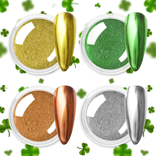 Allstarry Gold Green Chrome Nail Powder, 4 Colors Metallic Mirror Effect Chrome Powder Manicure Glitter Kit for Gel Polish St Patricks Day Nail Art St Patty's Day Accessories - Metallic Dark Green