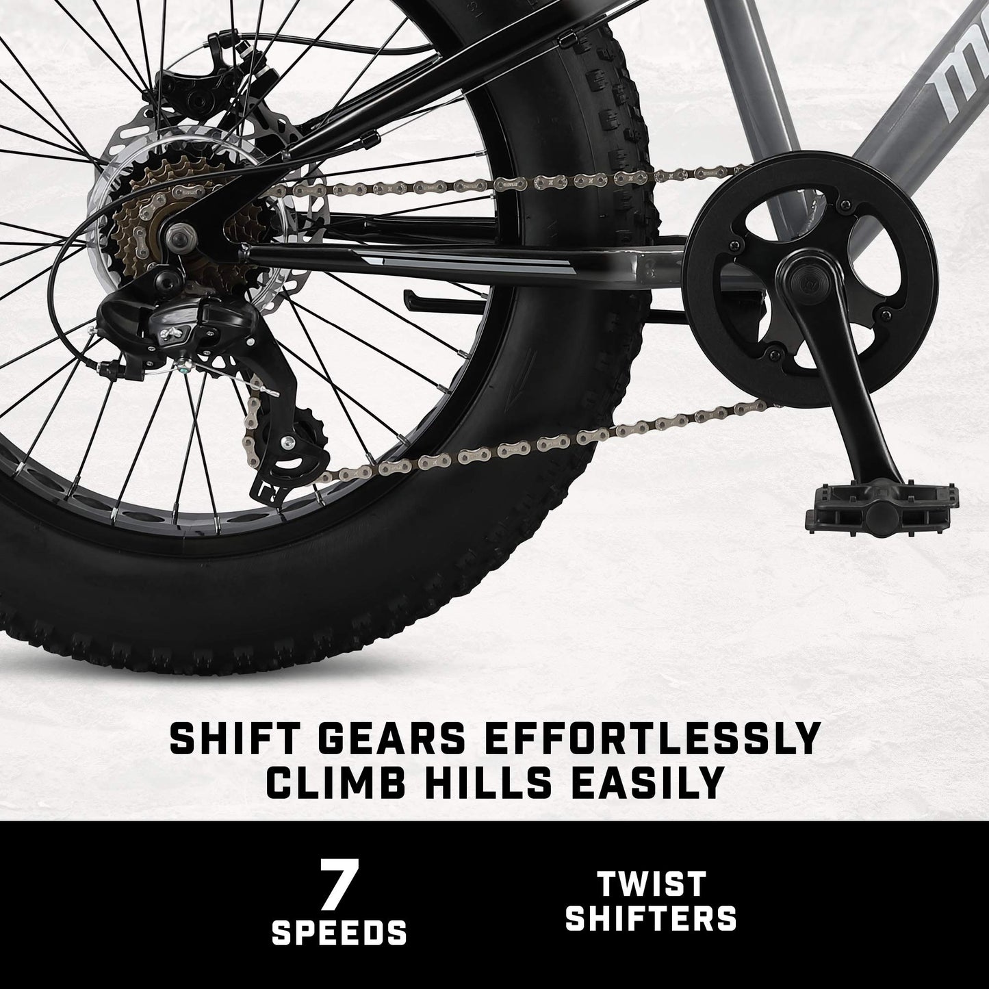 Mongoose Argus ST Fat Tire Mountain Bike for Kids Boys Girls, 20-Inch Wheels, Mechanical Disc Brakes, 10.5-Inch Steel Hardtail Frame, 7-Speed, Grey